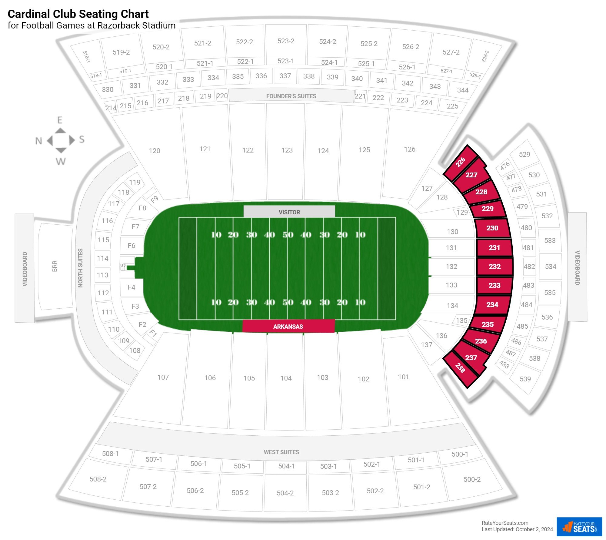 click to enlarge Football Cardinal Club Seating Chart at Razorback Stadium