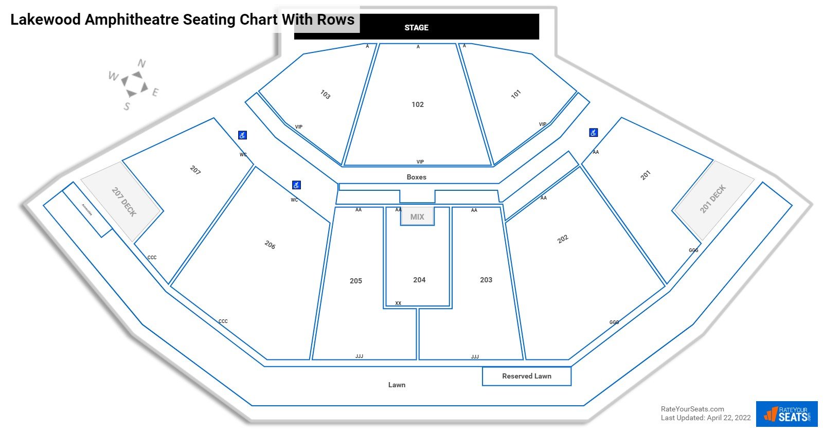 Lakewood Amphitheatre seating chart with row numbers