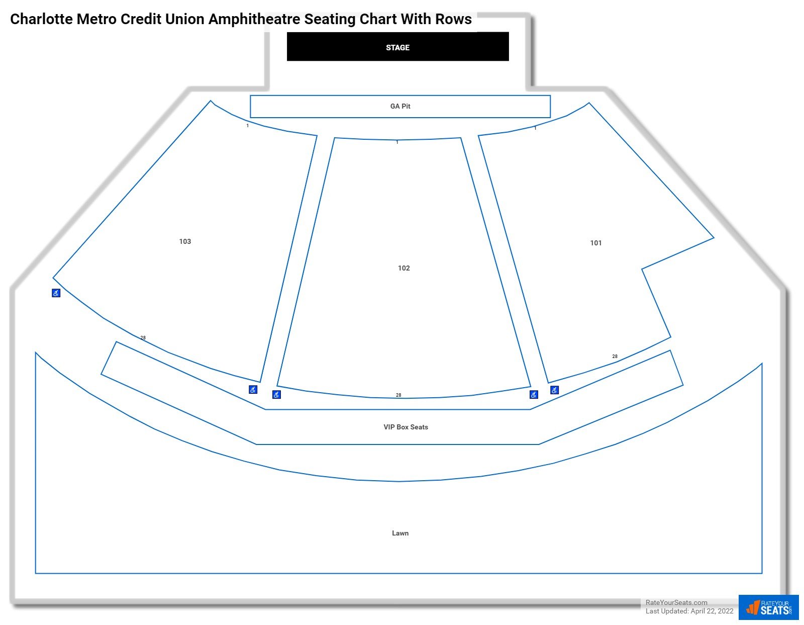 Charlotte Metro Credit Union Amphitheatre seating chart with row numbers