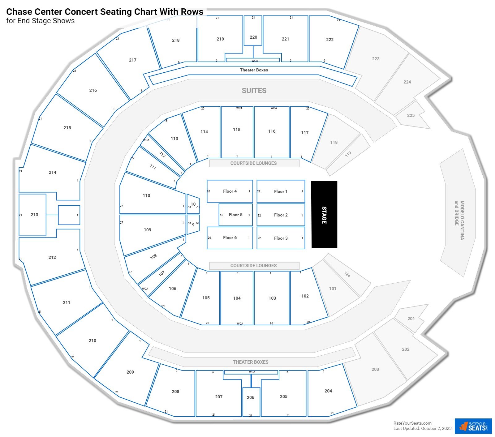 Chase Center seating chart with row numbers