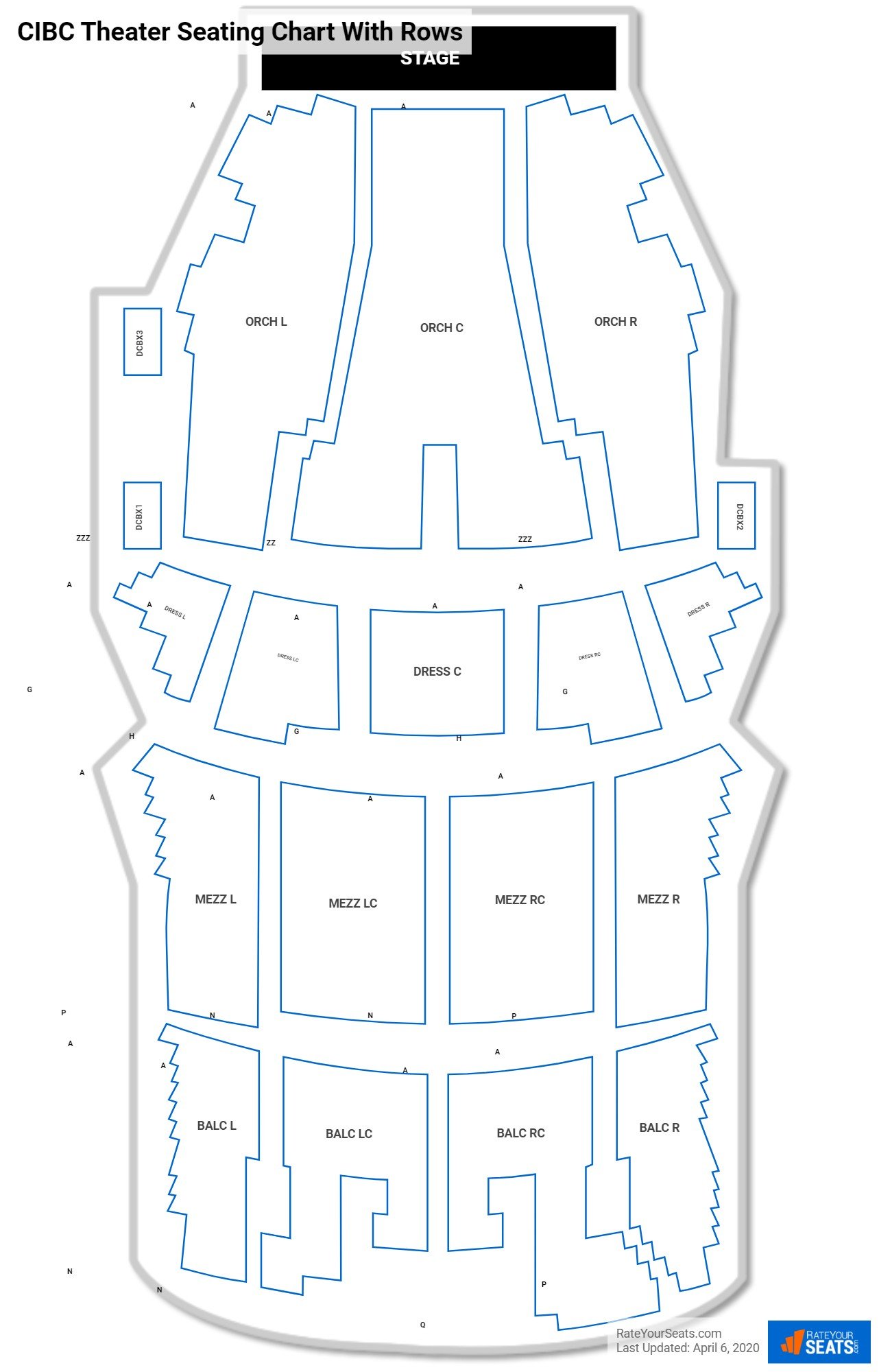 CIBC Theater seating chart with row numbers