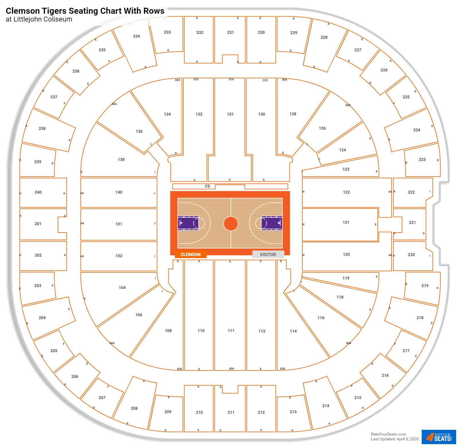 Littlejohn Coliseum seating chart with row numbers