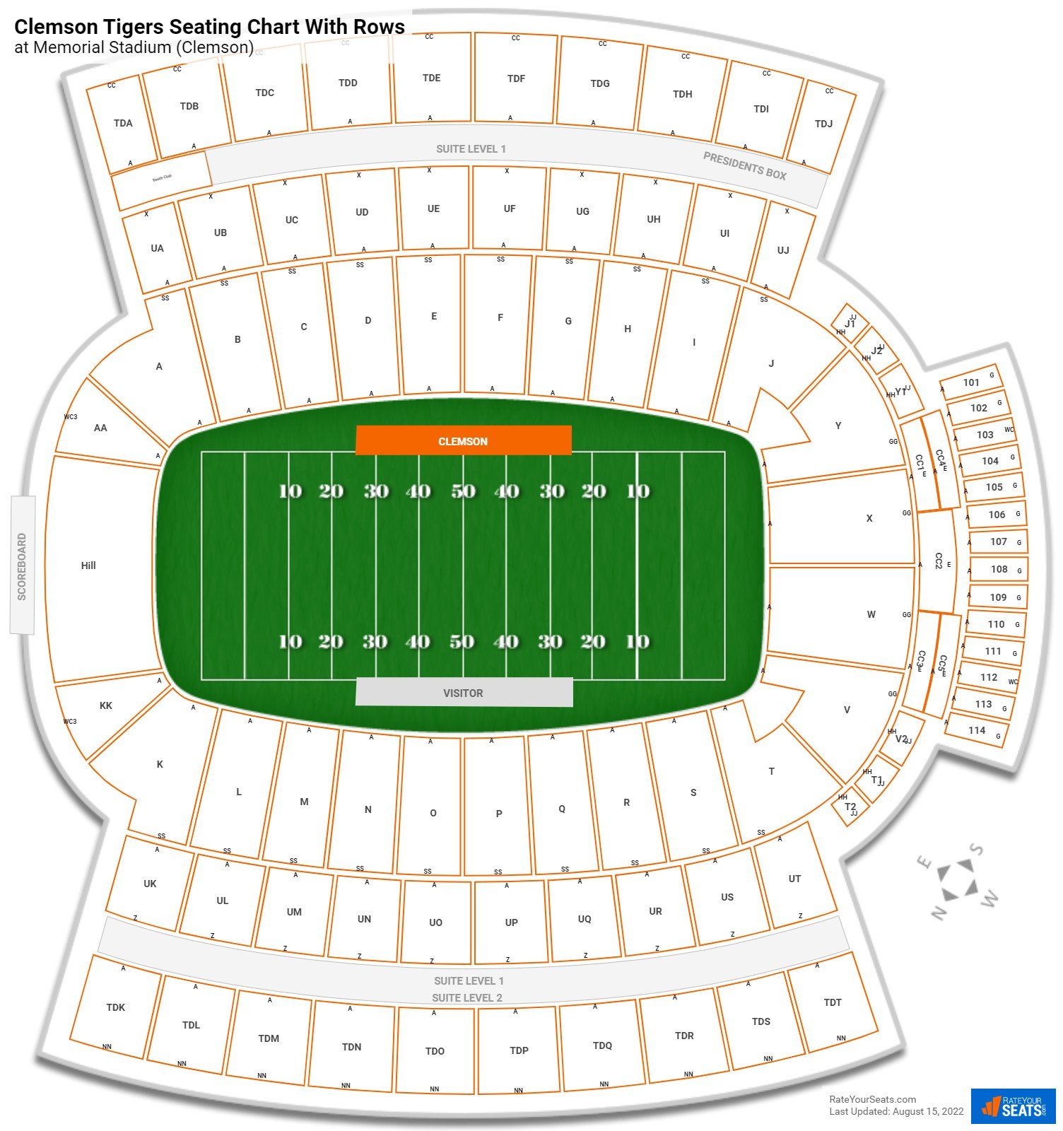 Memorial Stadium (Clemson) seating chart with row numbers
