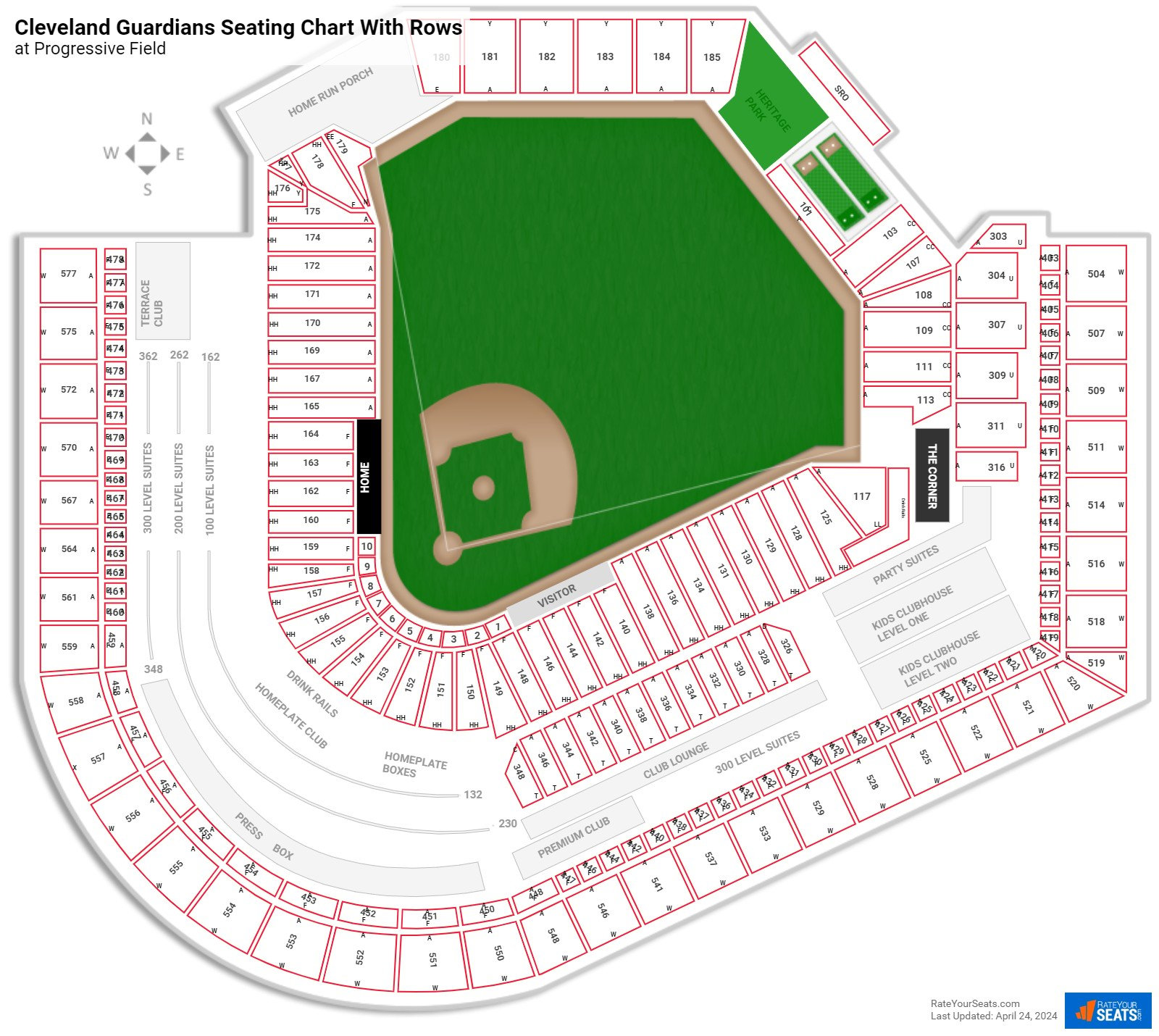 Progressive Field seating chart with row numbers