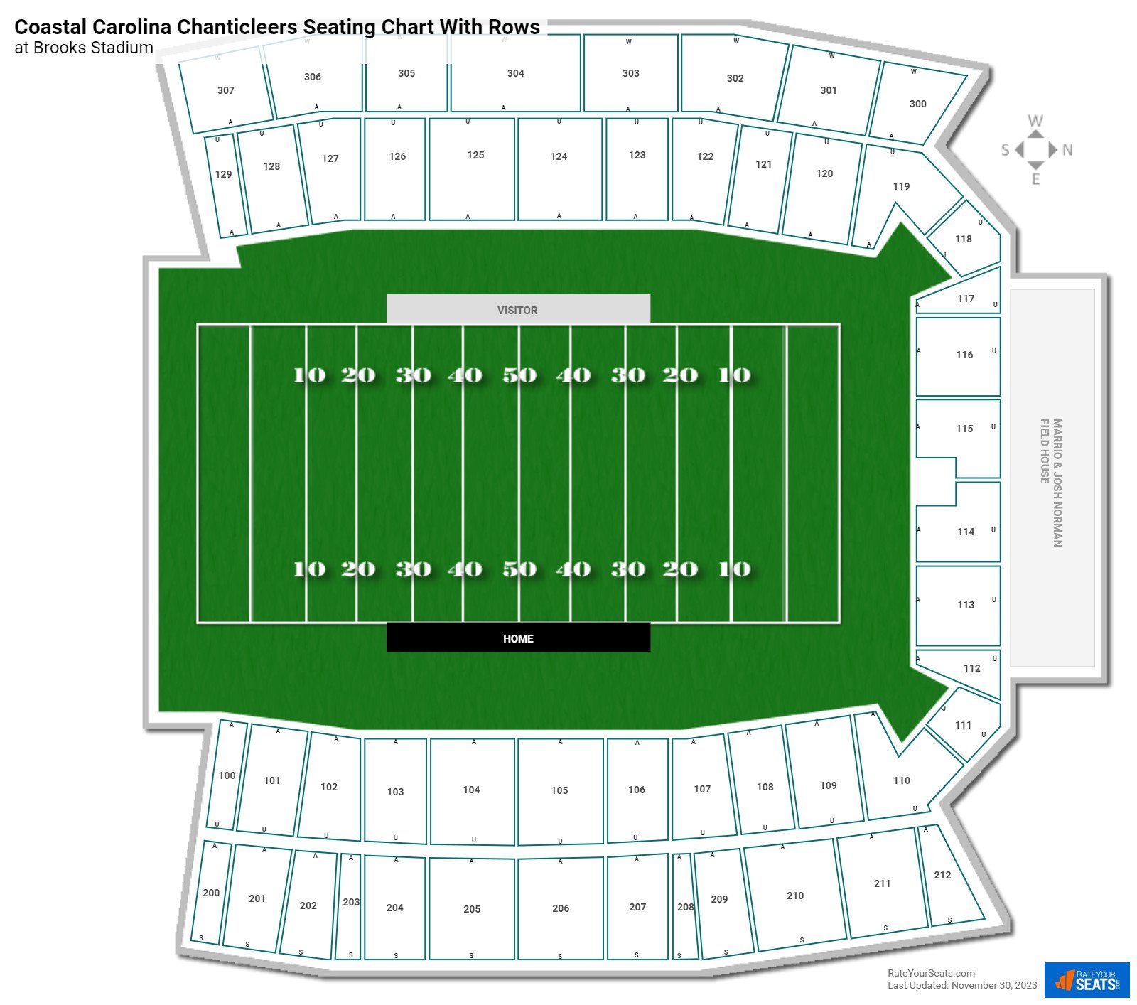 Brooks Stadium seating chart with row numbers