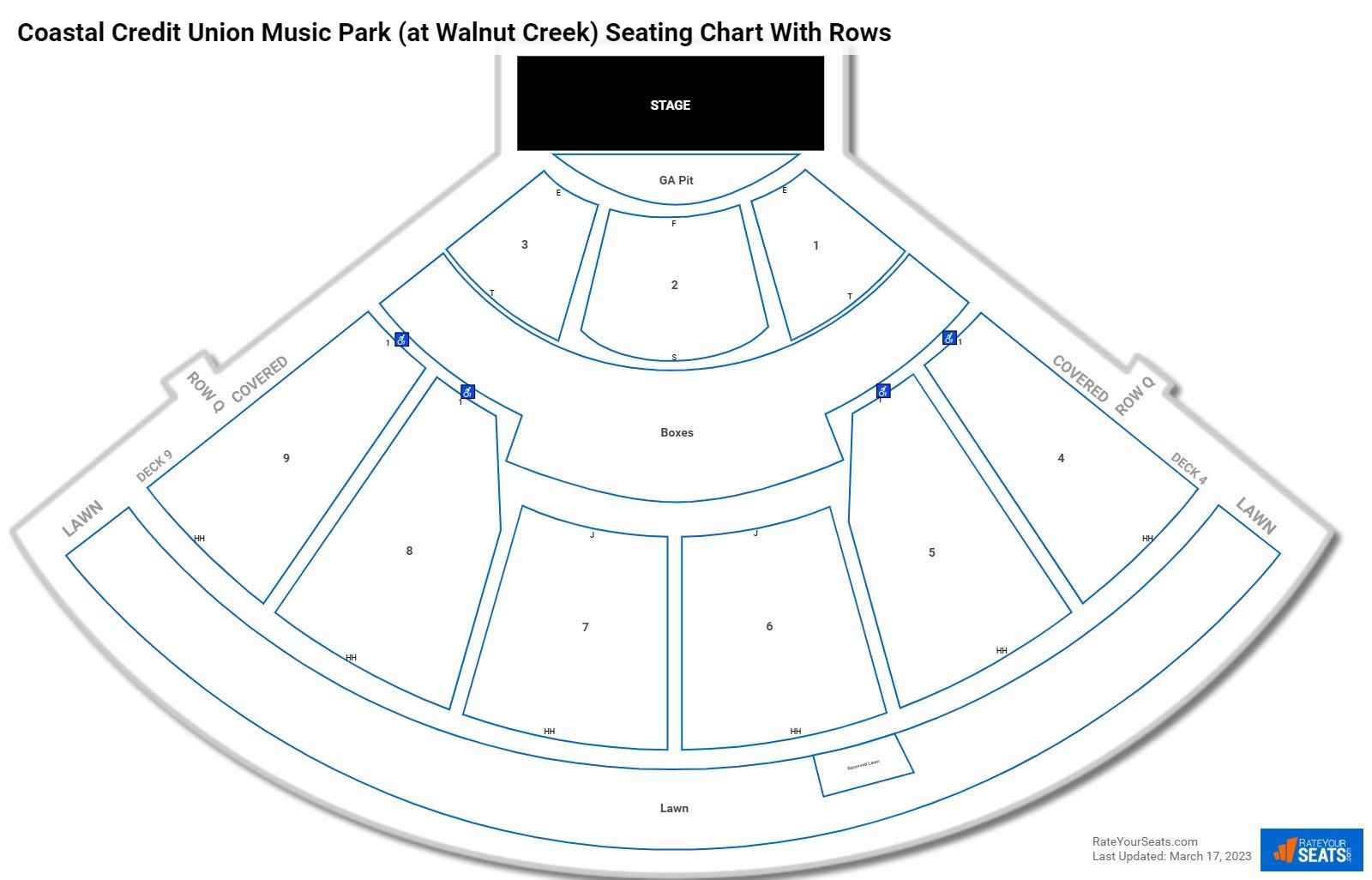 Coastal Credit Union Music Park (at Walnut Creek) seating chart with row numbers