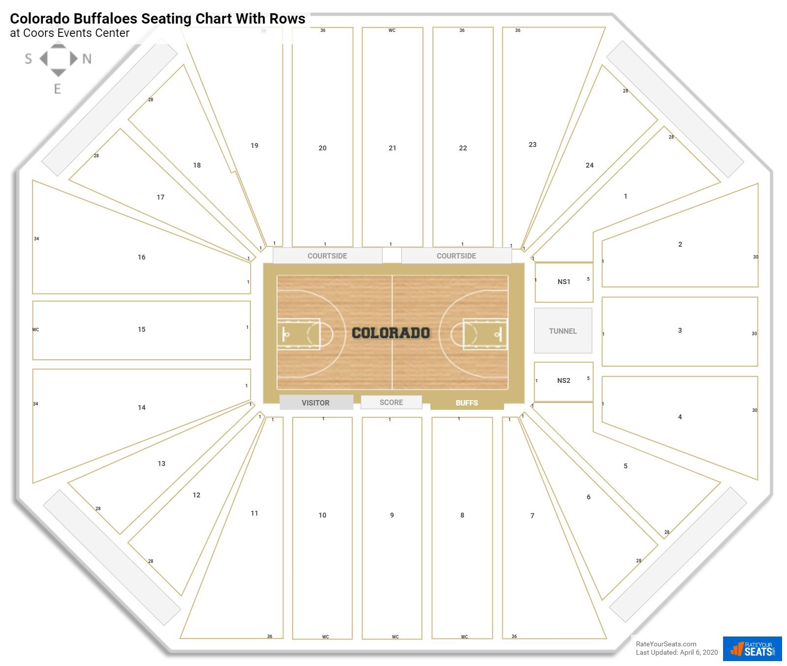CU Events Center seating chart with row numbers