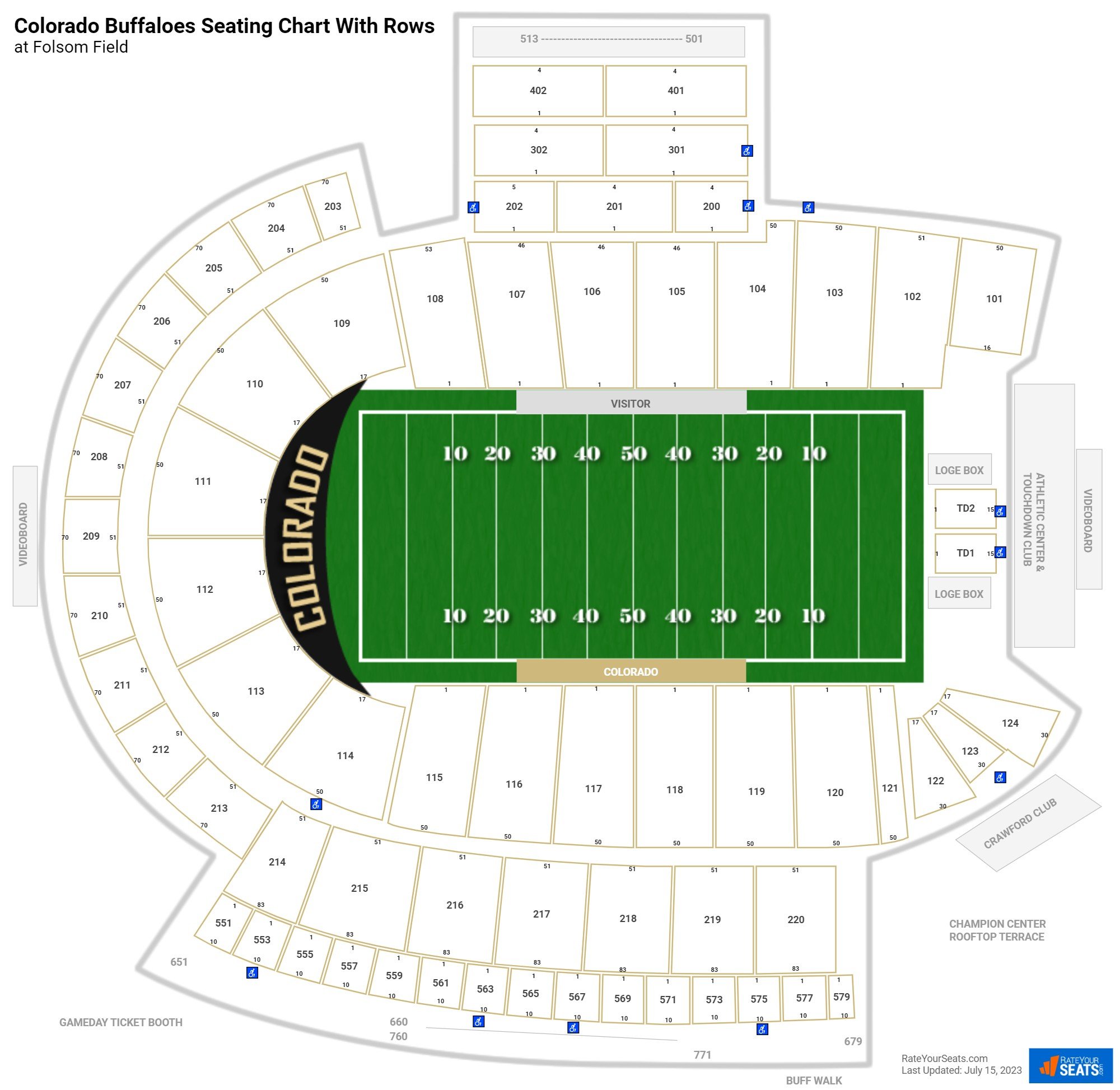 Folsom Field seating chart with row numbers