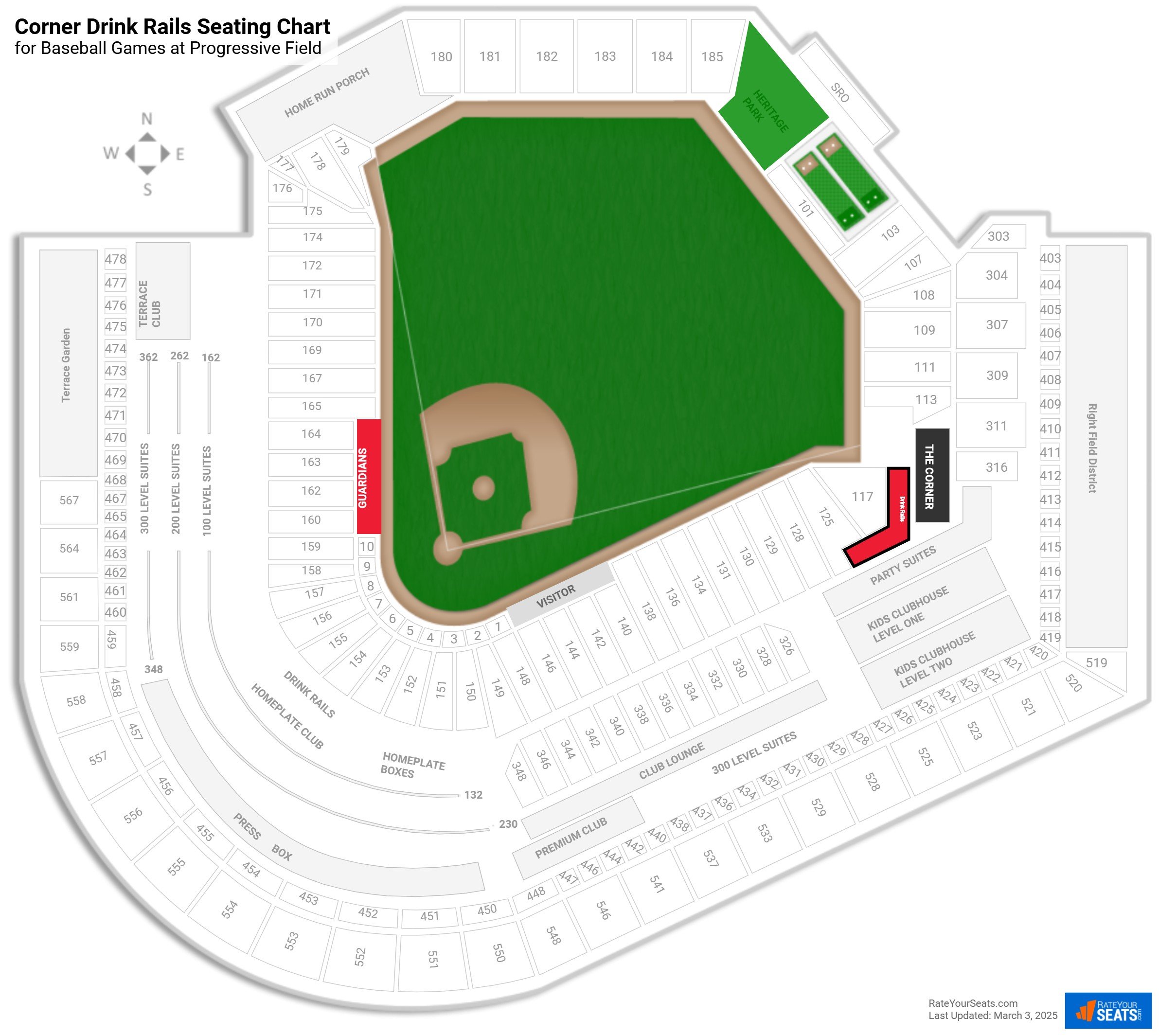 click to enlarge Baseball Corner Drink Rails Seating Chart at Progressive Field
