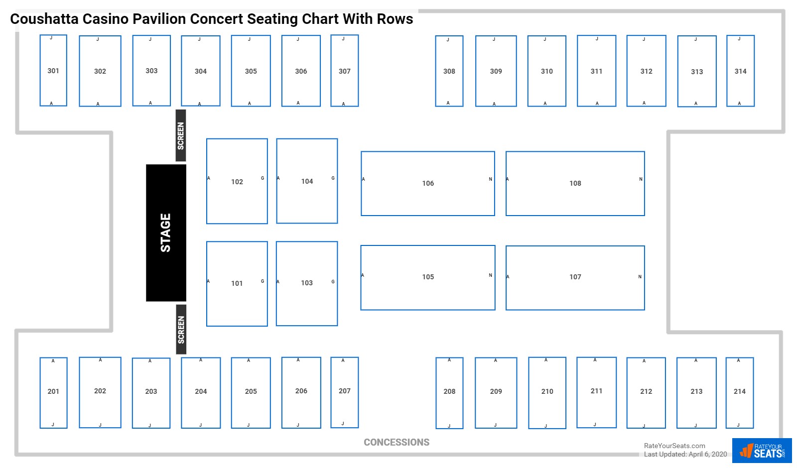 Coushatta Casino Pavilion seating chart with row numbers