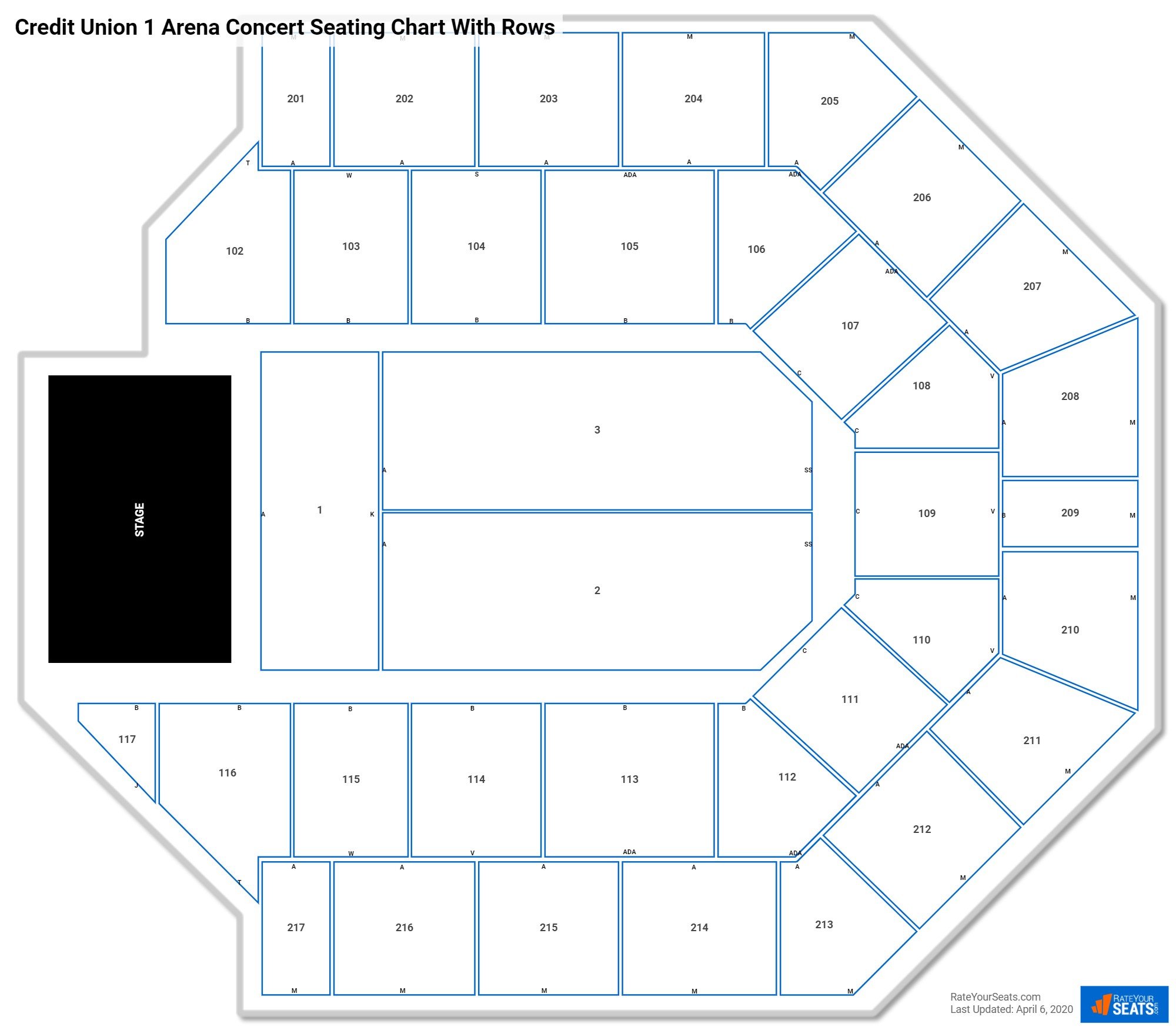Credit Union 1 Arena seating chart with row numbers