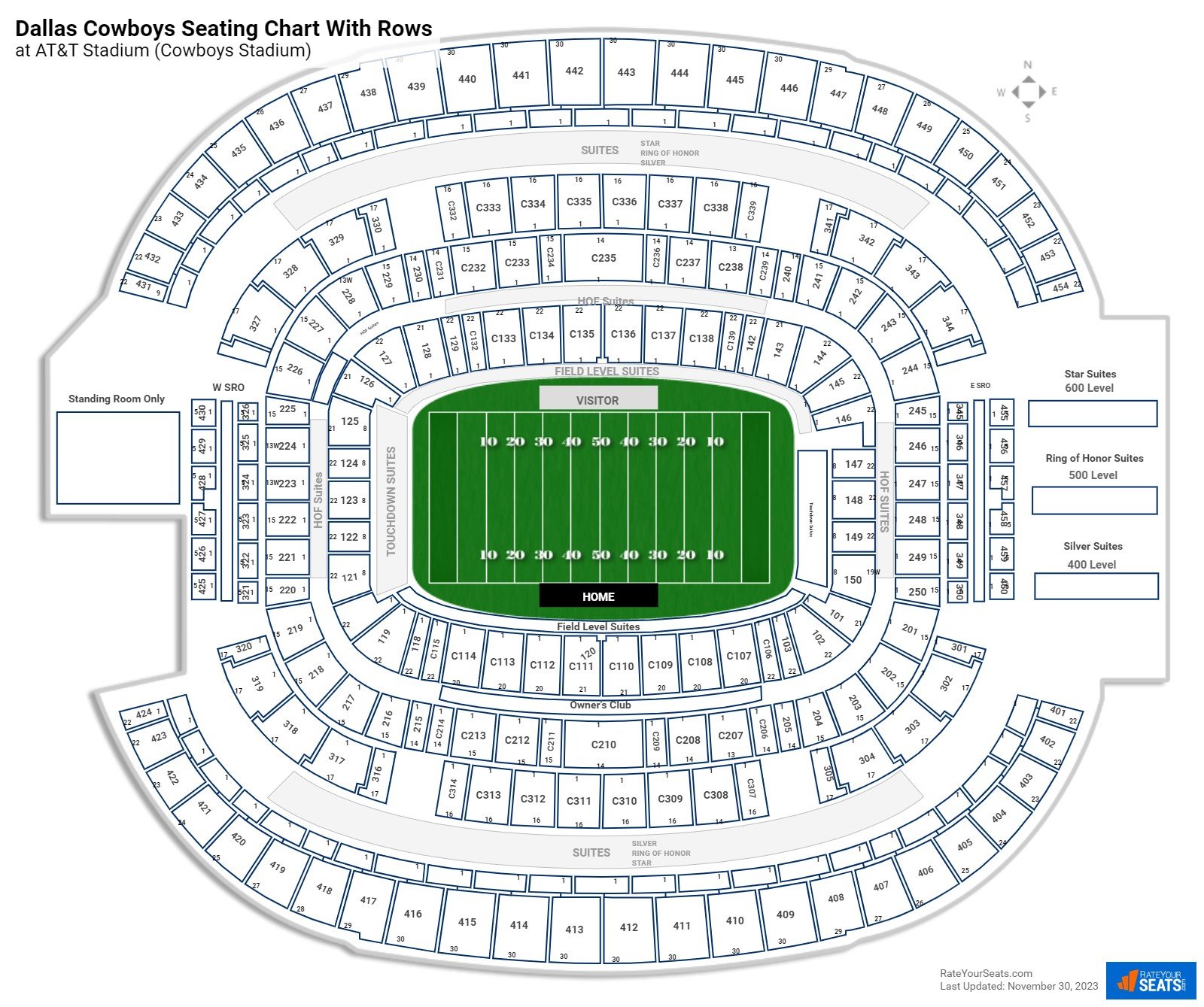 AT&T Stadium (Cowboys Stadium) seating chart with row numbers