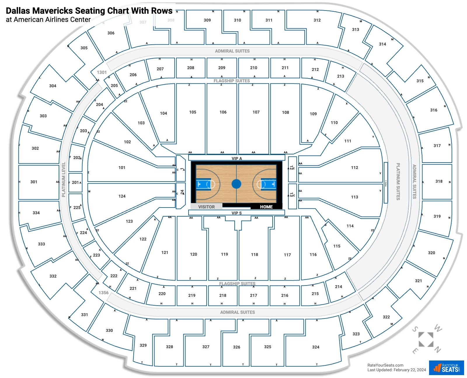 American Airlines Center seating chart with row numbers