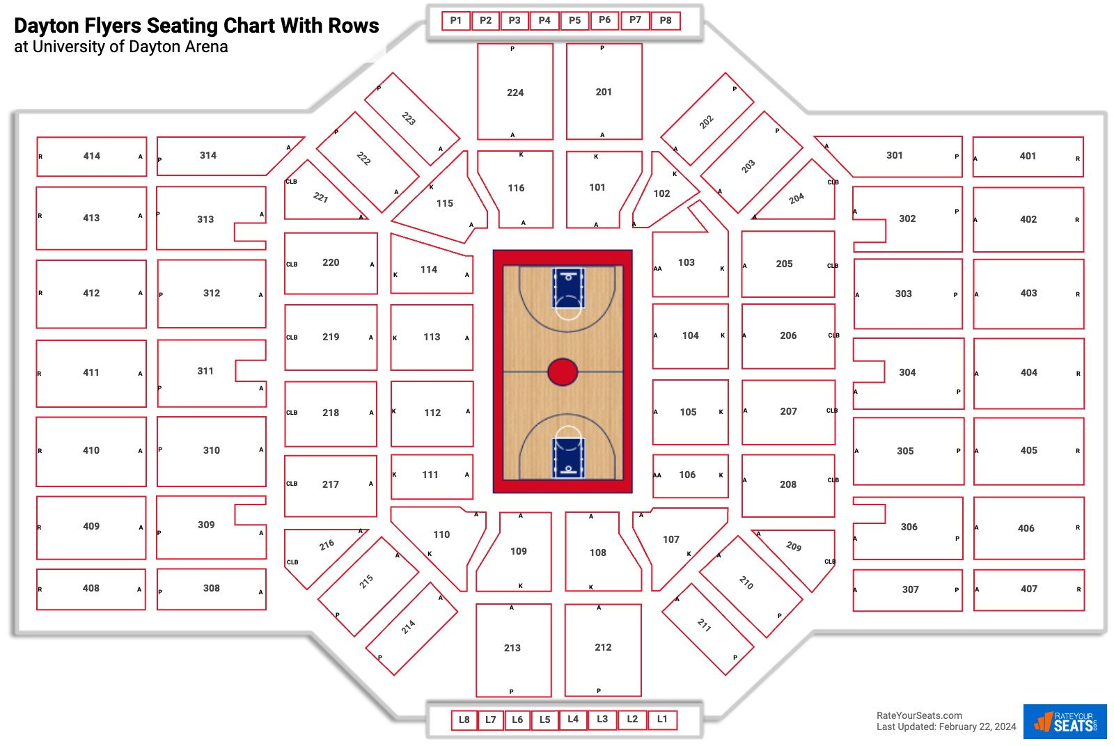 University of Dayton Arena seating chart with row numbers