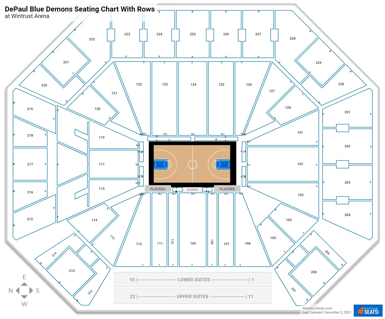 Wintrust Arena seating chart with row numbers