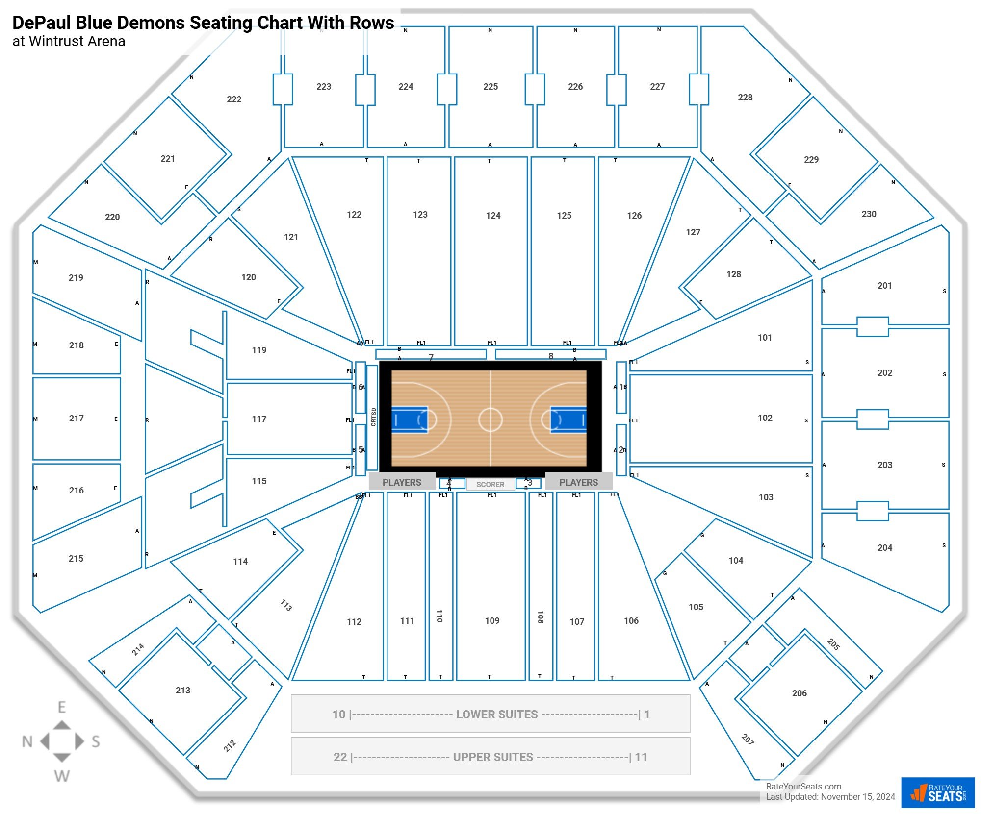 Wintrust Arena seating chart with row numbers