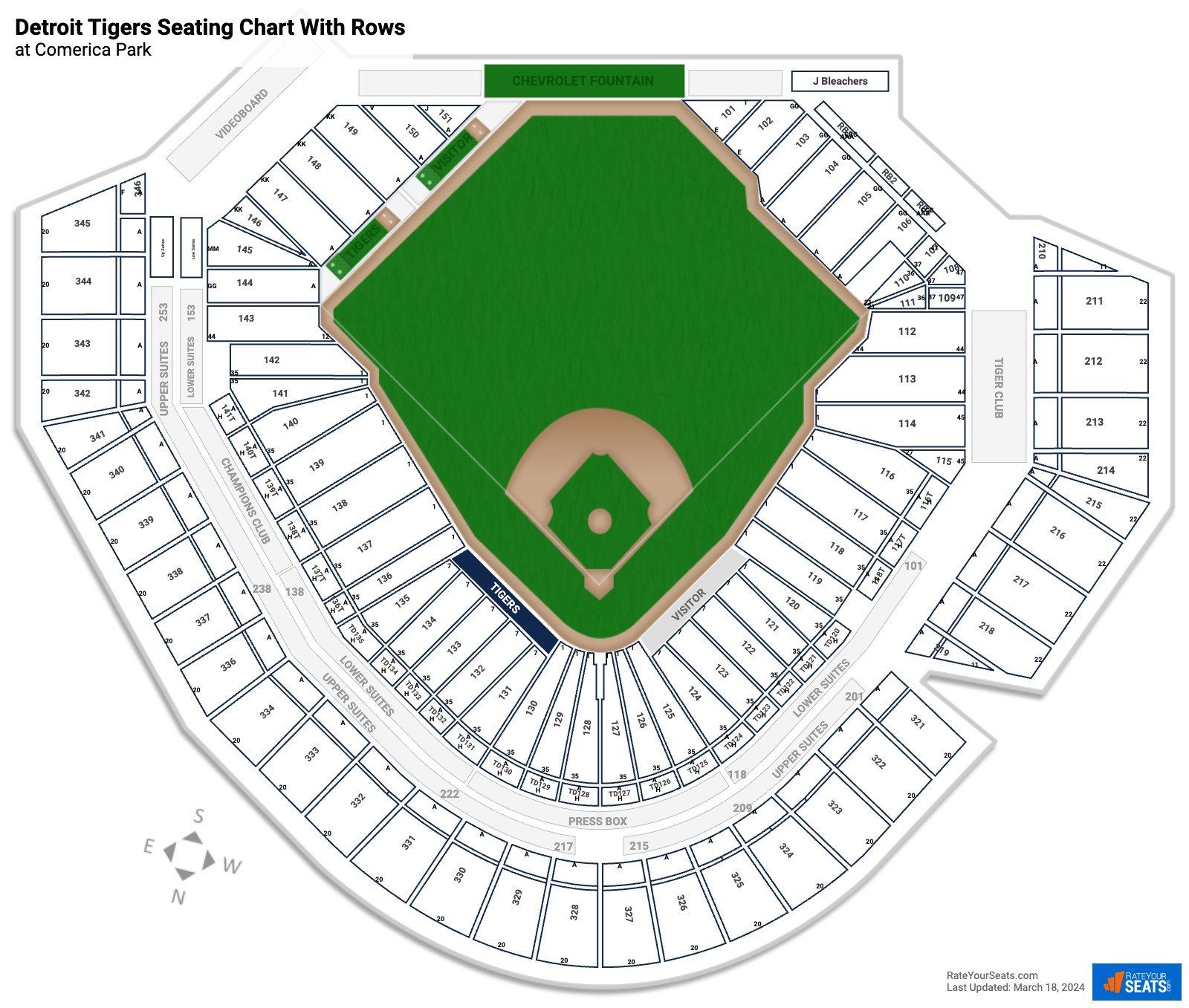 Comerica Park seating chart with row numbers