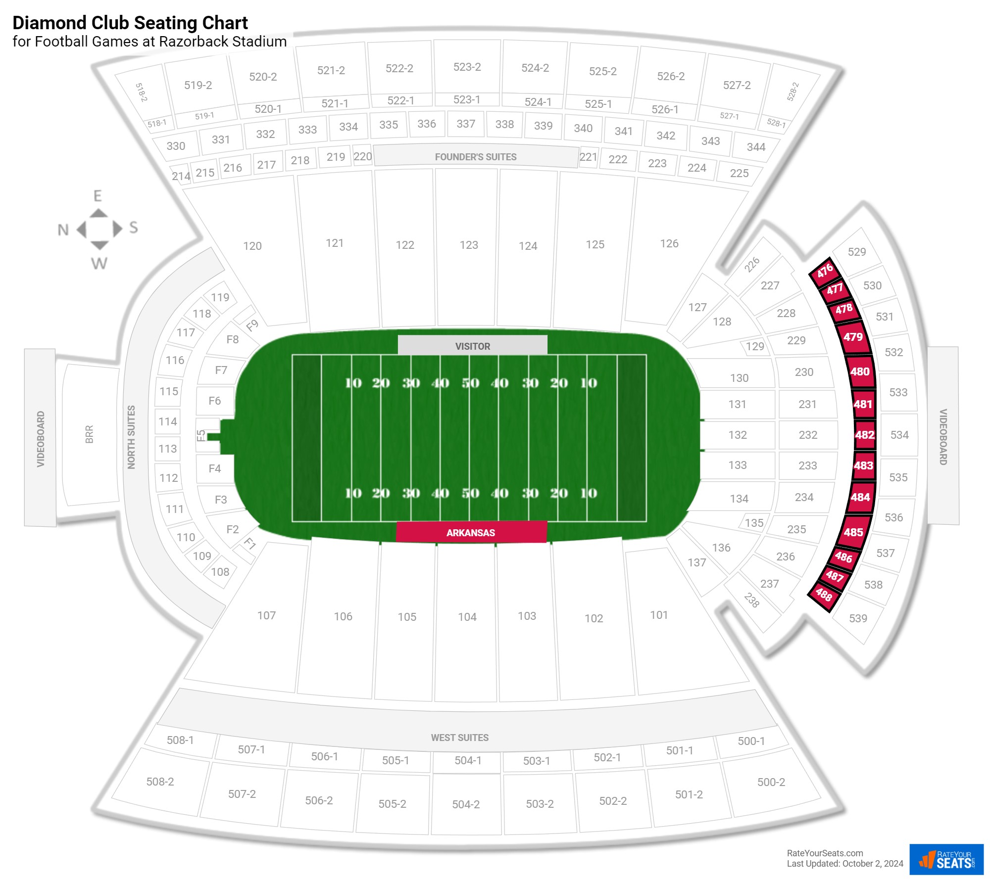 click to enlarge Football Diamond Club Seating Chart at Razorback Stadium