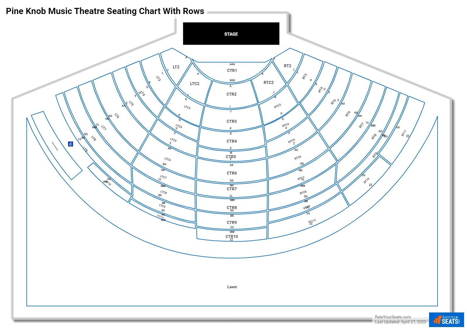 Pine Knob Music Theatre seating chart with row numbers