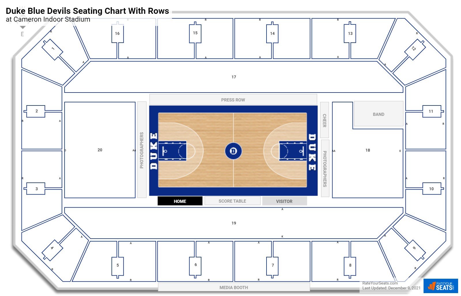 Cameron Indoor Stadium seating chart with row numbers