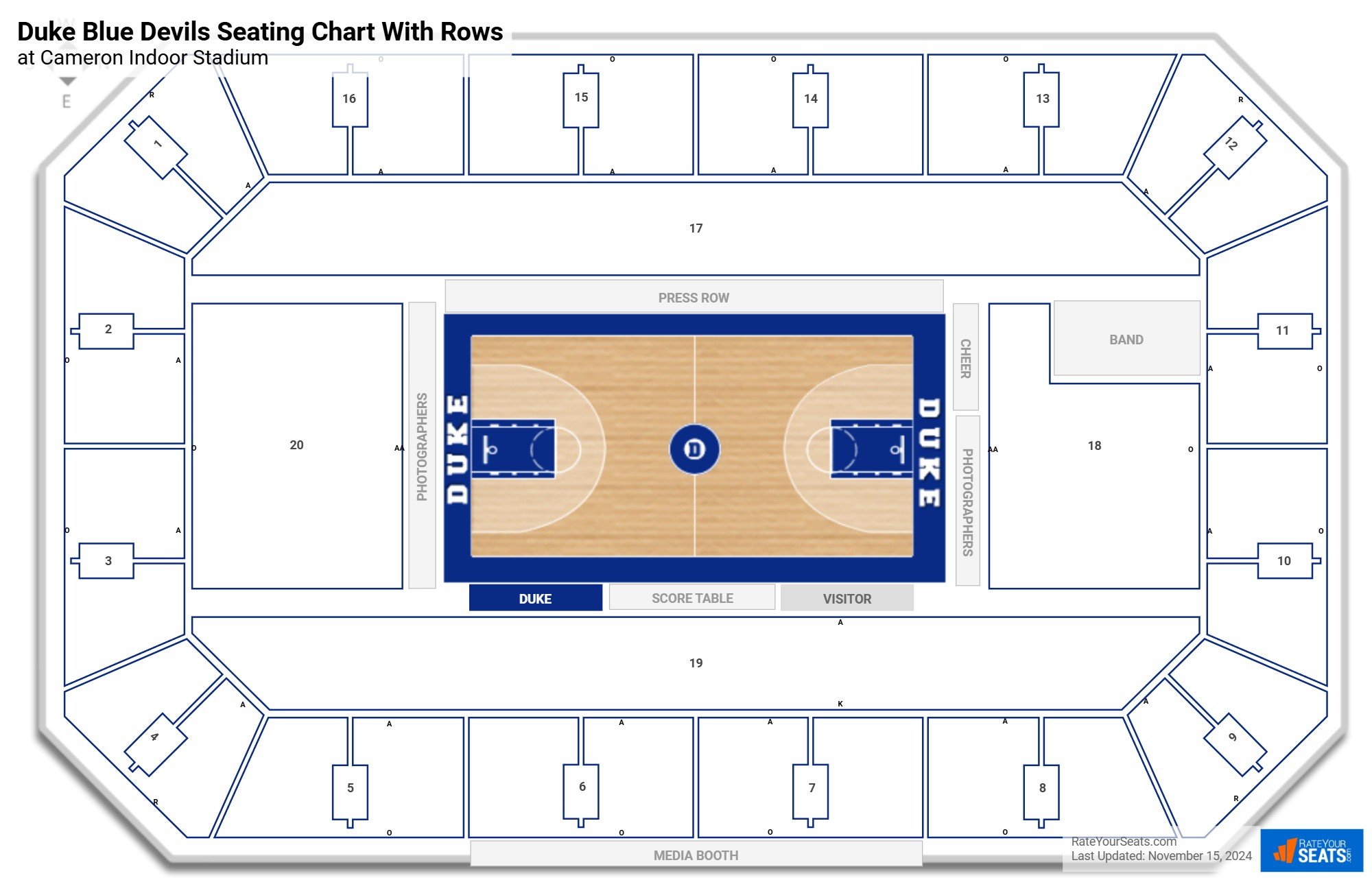 Cameron Indoor Stadium seating chart with row numbers