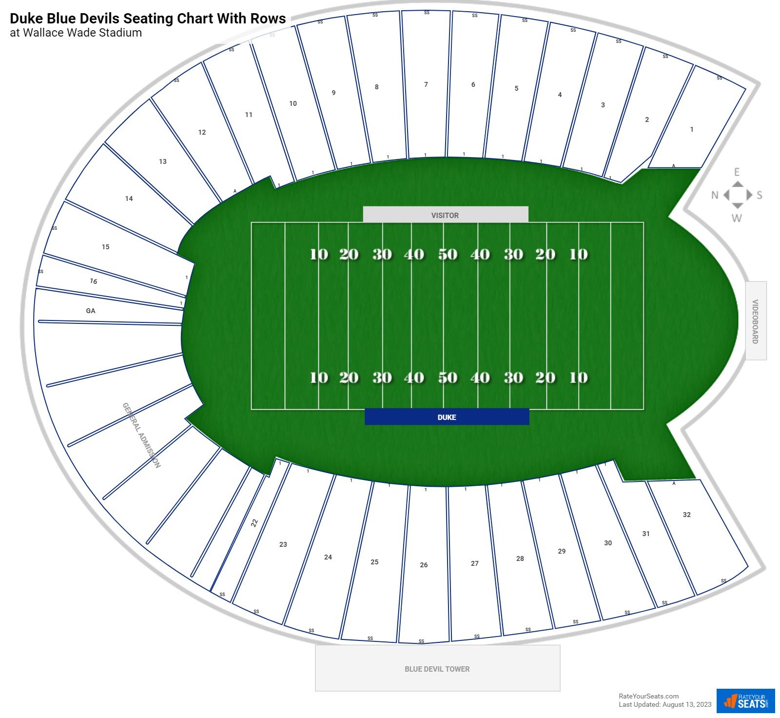 Wallace Wade Stadium seating chart with row numbers