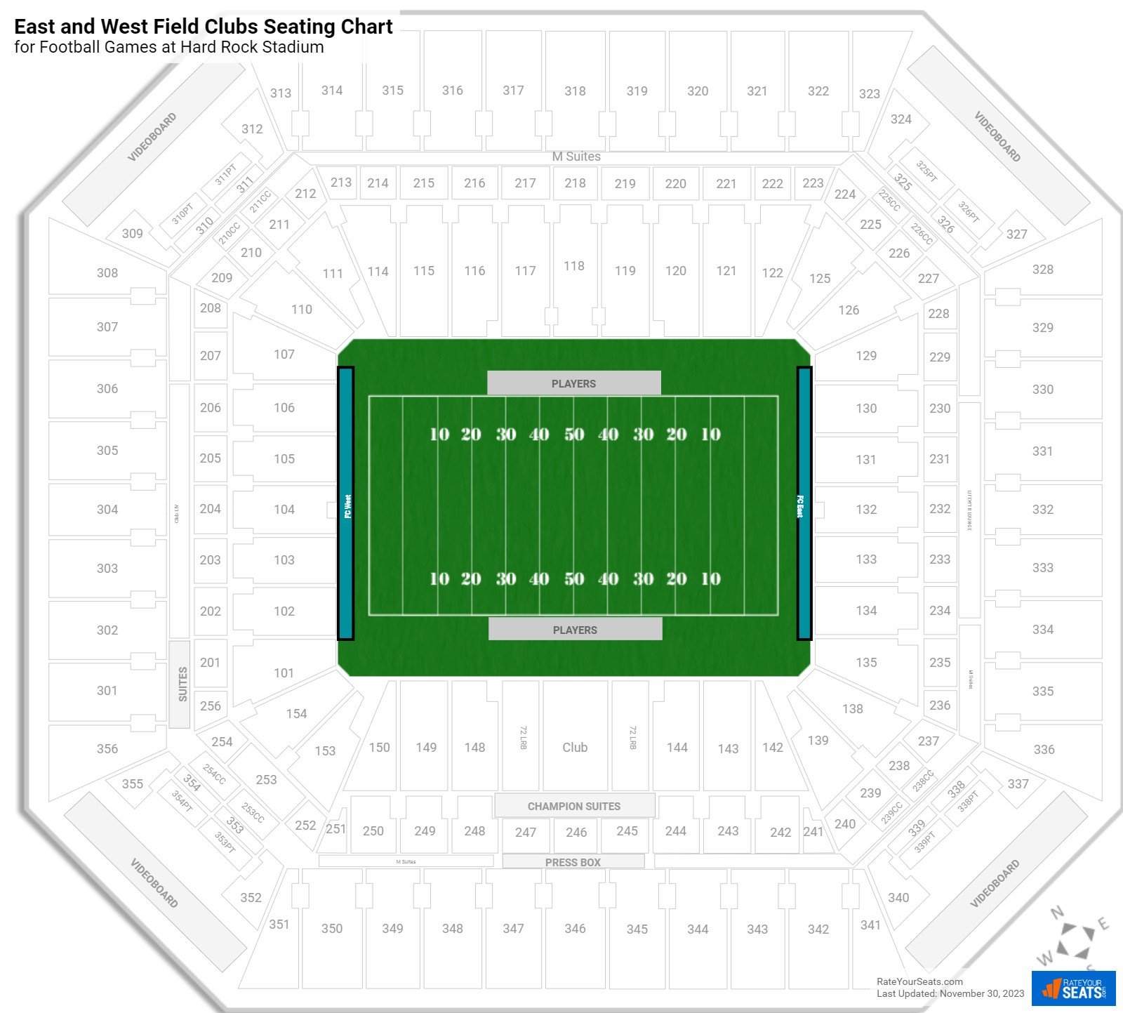Football East and West Field Clubs Seating Chart at Hard Rock Stadium