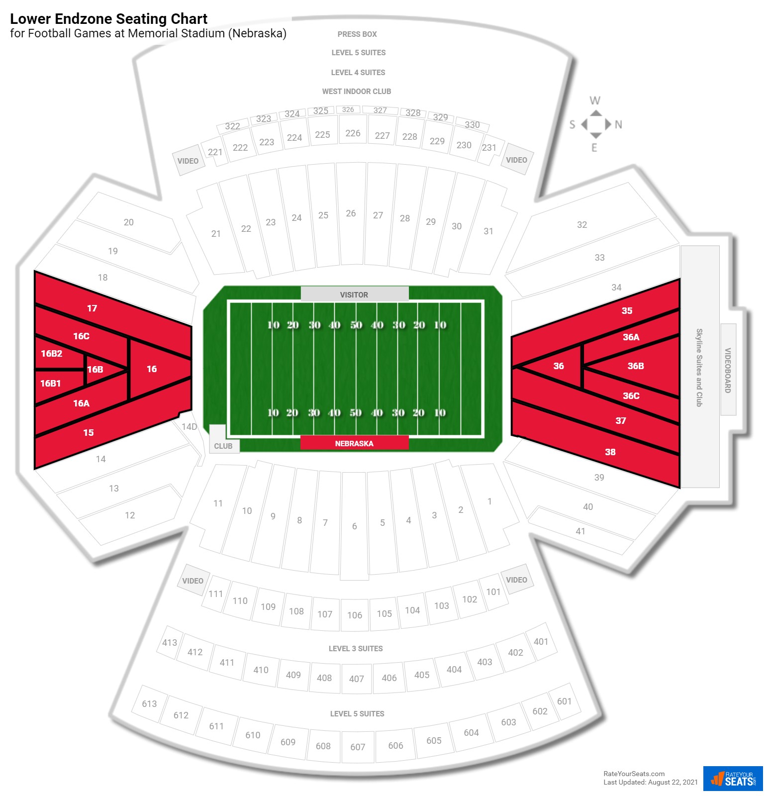 Football Lower Endzone Seating Chart at Memorial Stadium (Nebraska)