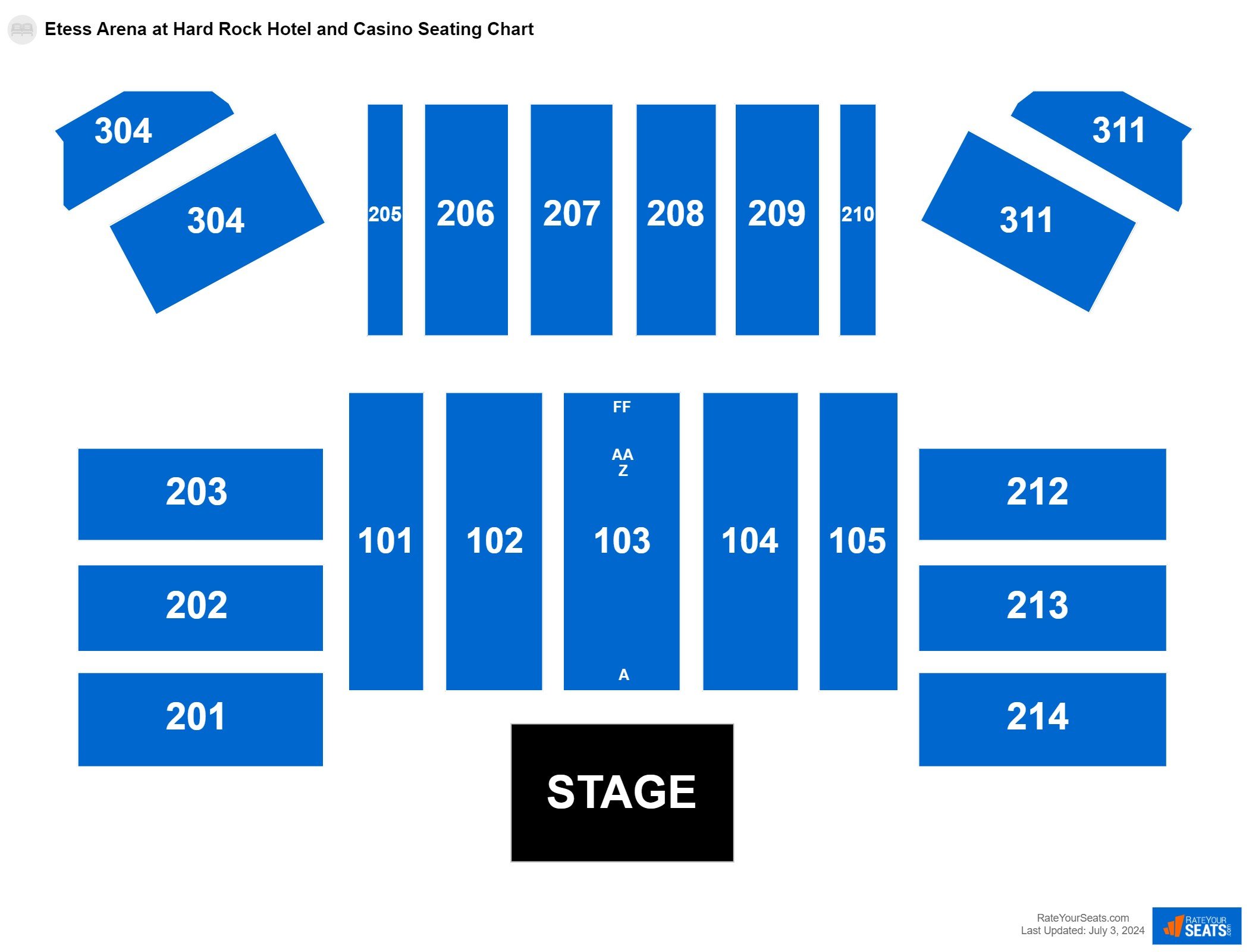 Interactive seating chart Comedy seating chart at Etess Arena at Hard Rock Hotel and Casino