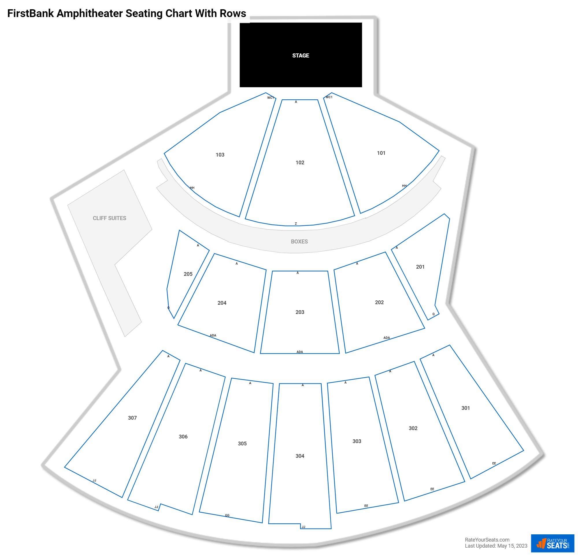 FirstBank Amphitheater seating chart with row numbers