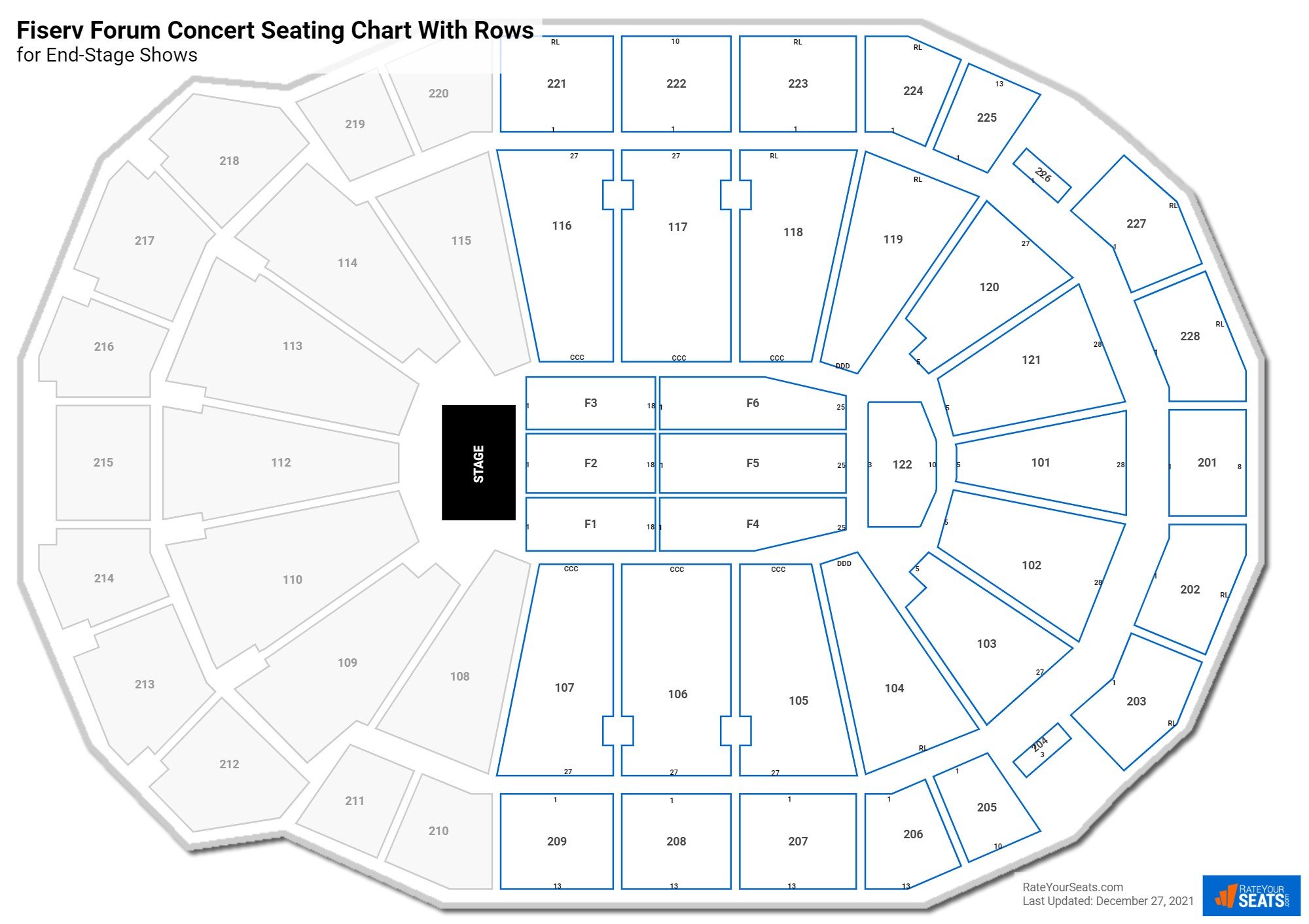 Fiserv Forum seating chart with row numbers