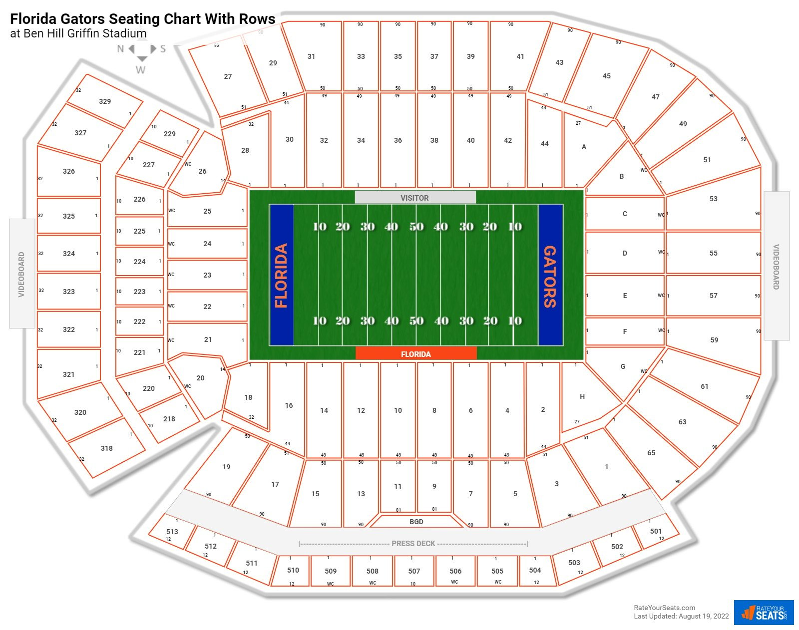 Ben Hill Griffin Stadium seating chart with row numbers