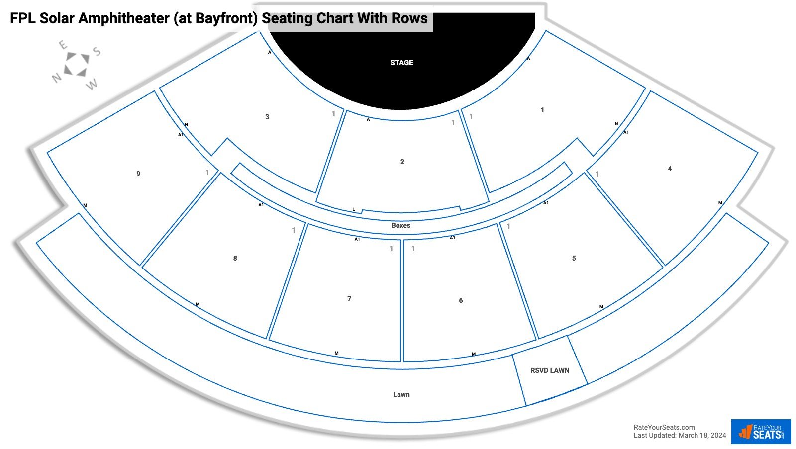 FPL Solar Amphitheater (at Bayfront) seating chart with row numbers