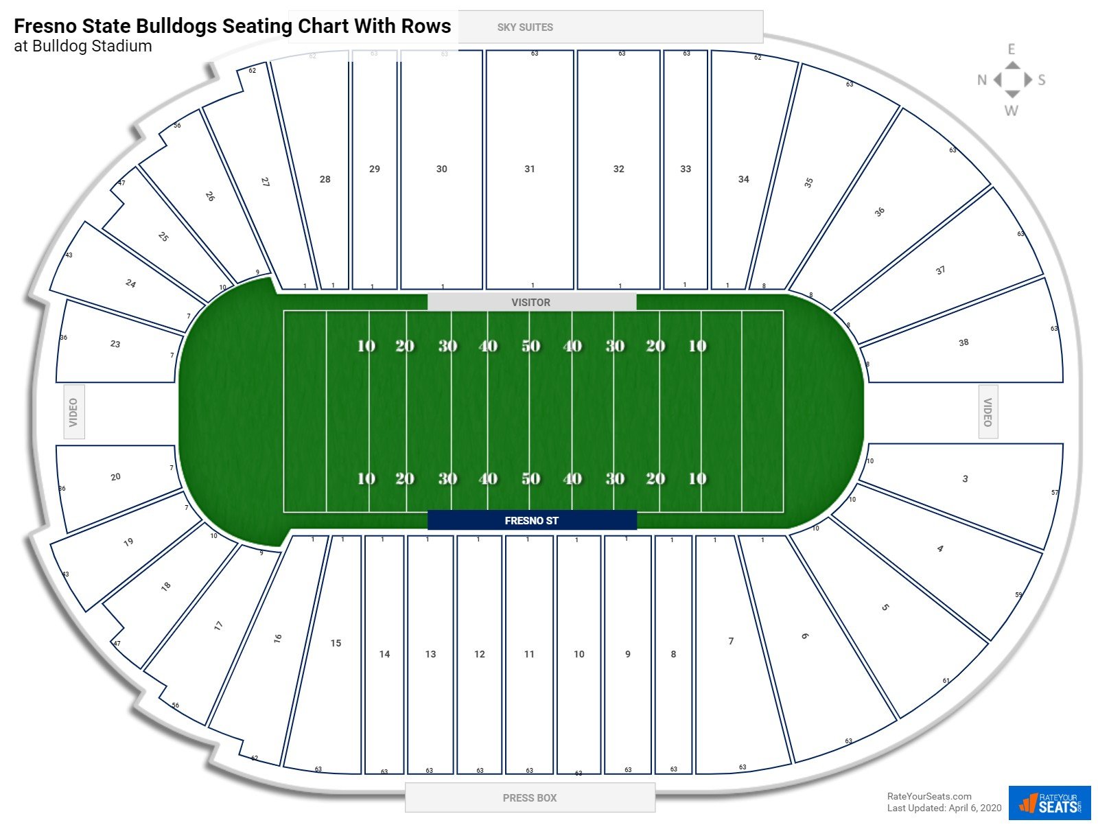 Bulldog Stadium seating chart with row numbers