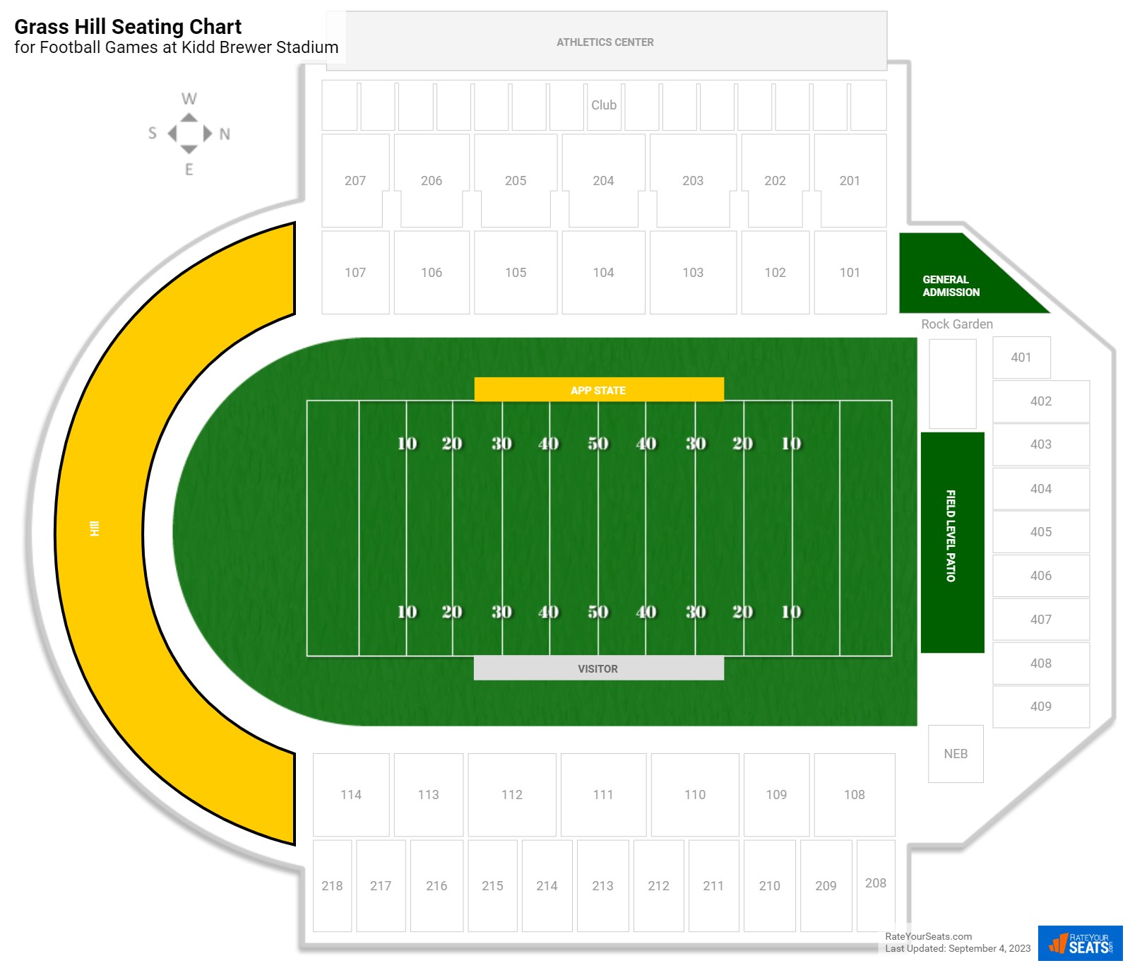 click to enlarge Football Grass Hill Seating Chart at Kidd Brewer Stadium