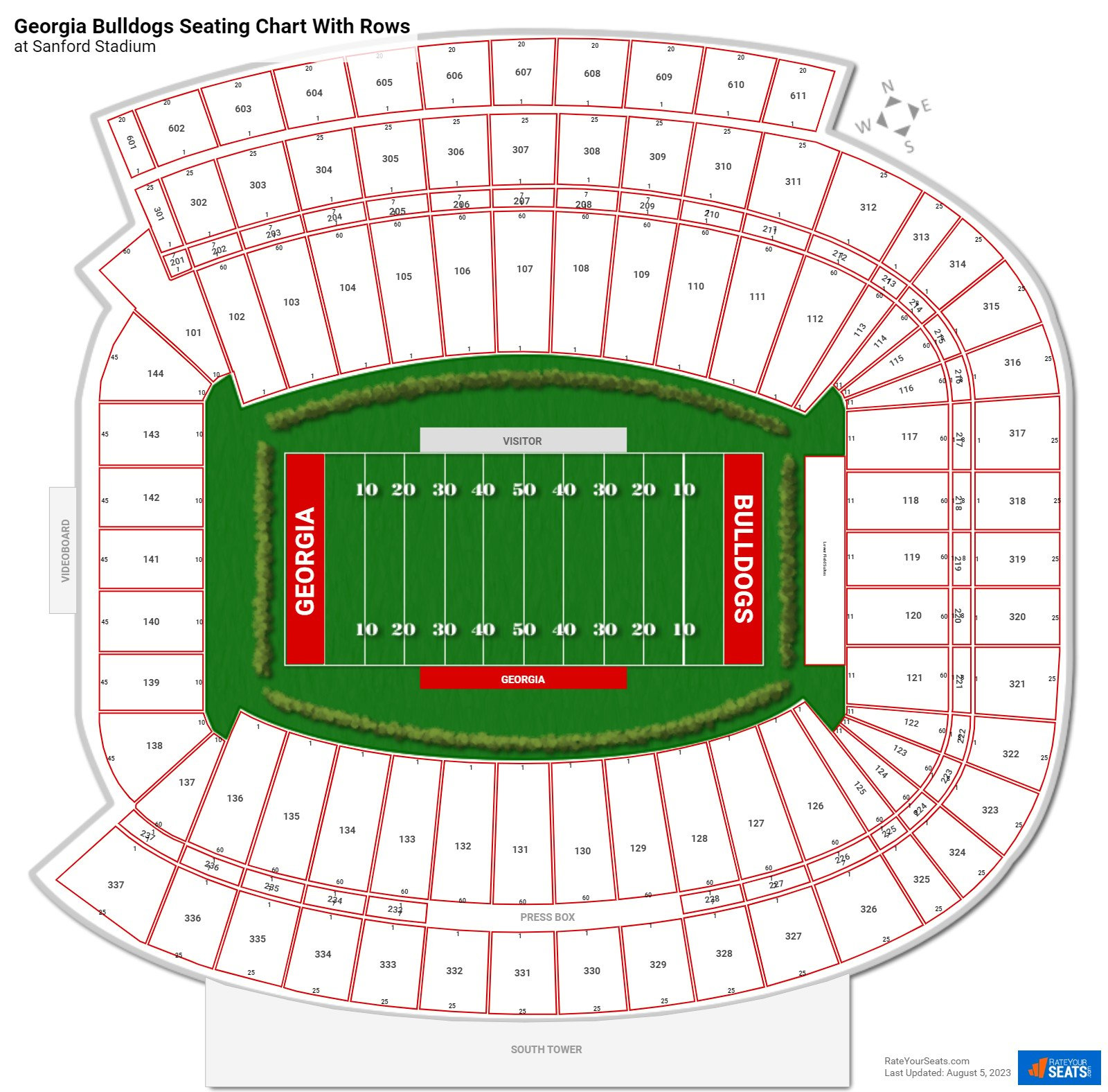 Sanford Stadium seating chart with row numbers