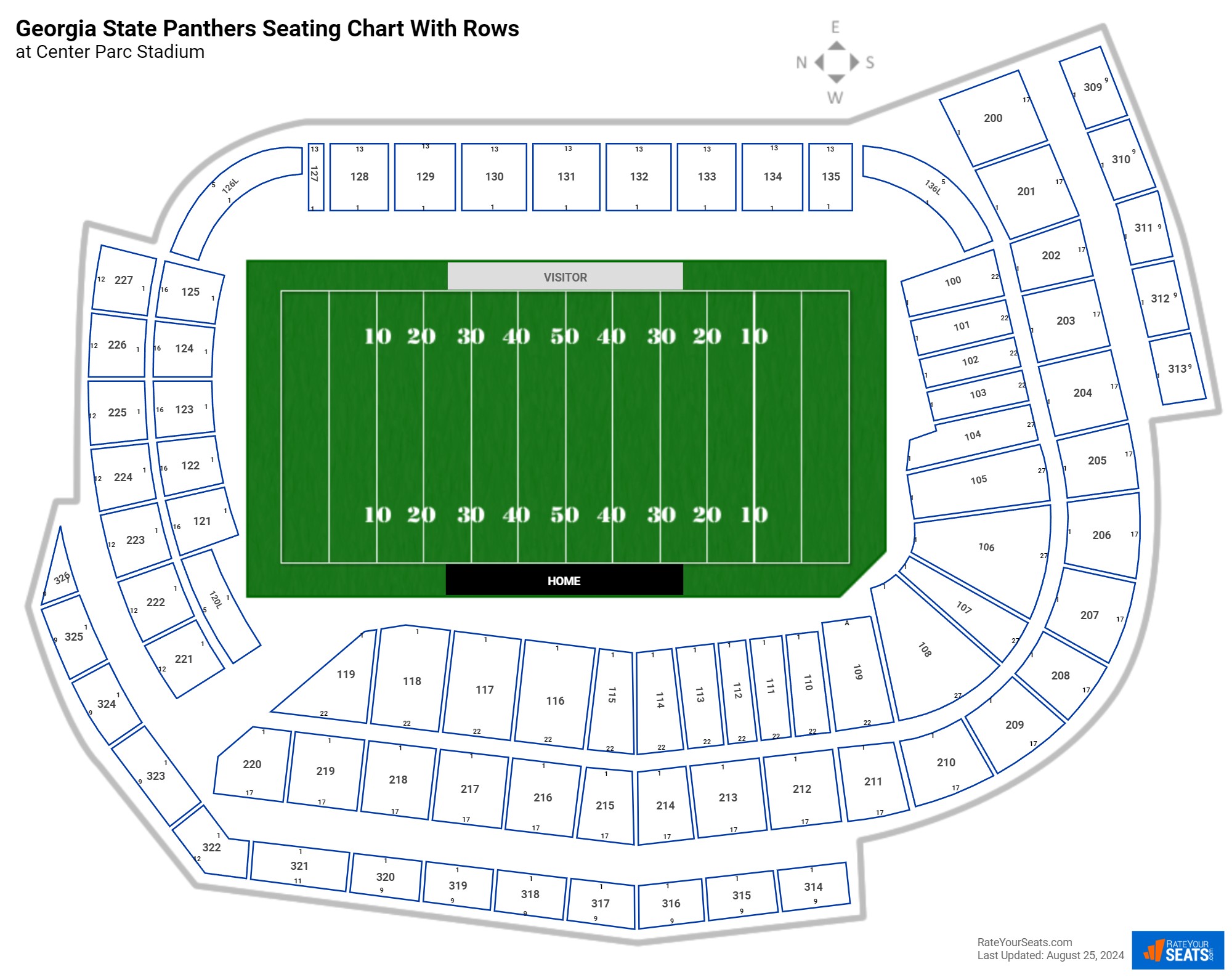 Center Parc Stadium seating chart with row numbers