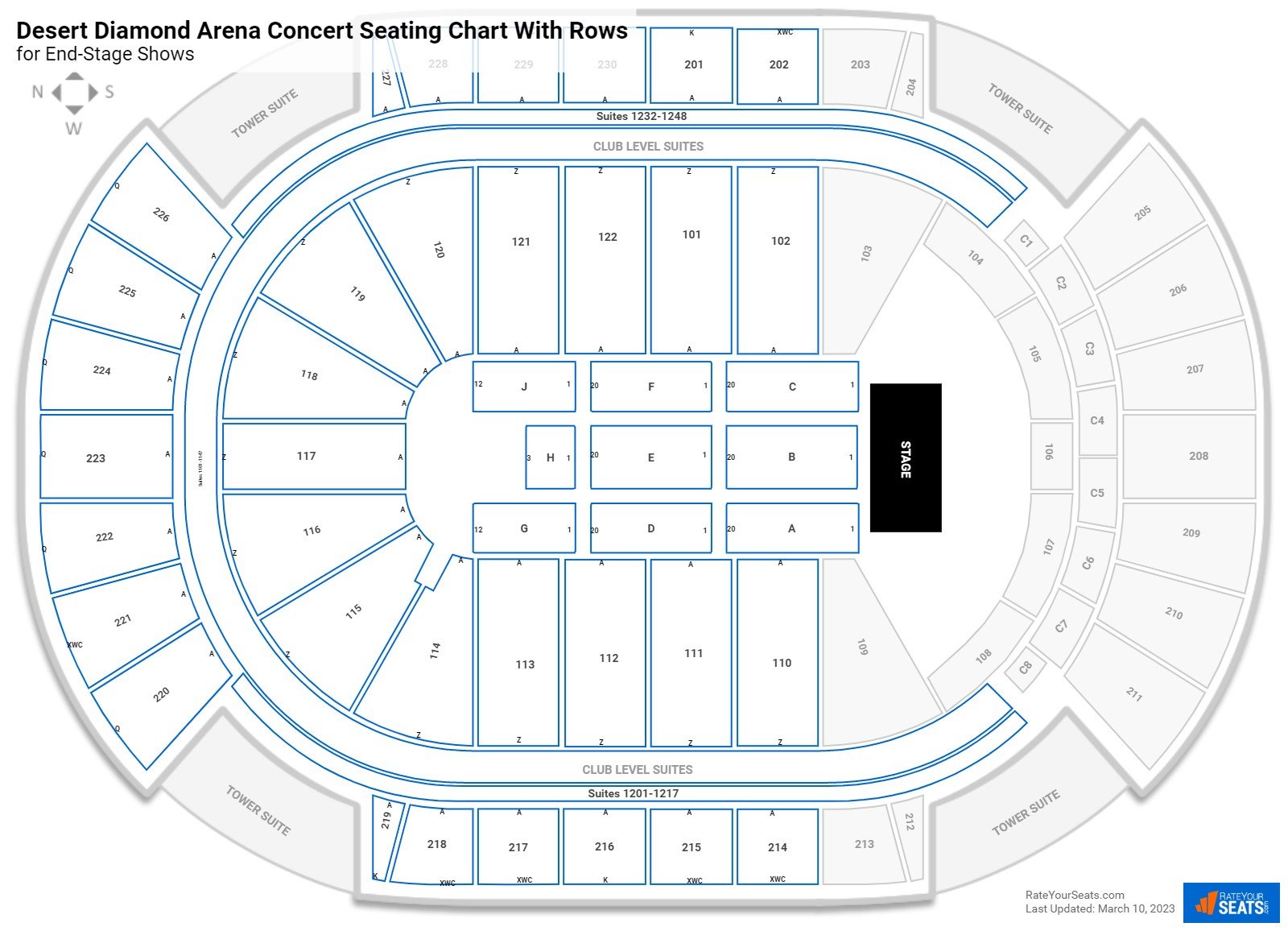 Desert Diamond Arena seating chart with row numbers