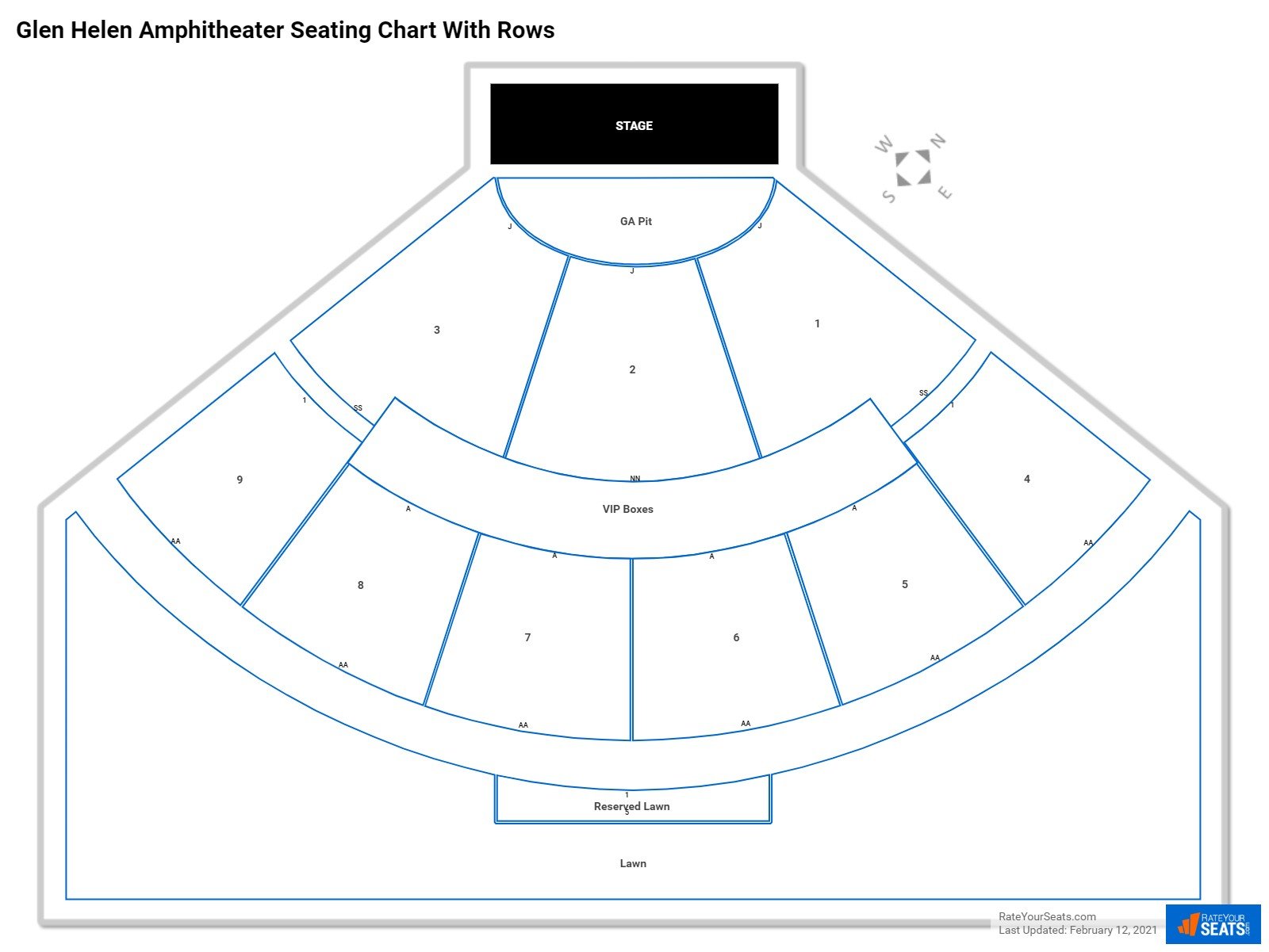 Glen Helen Amphitheater seating chart with row numbers