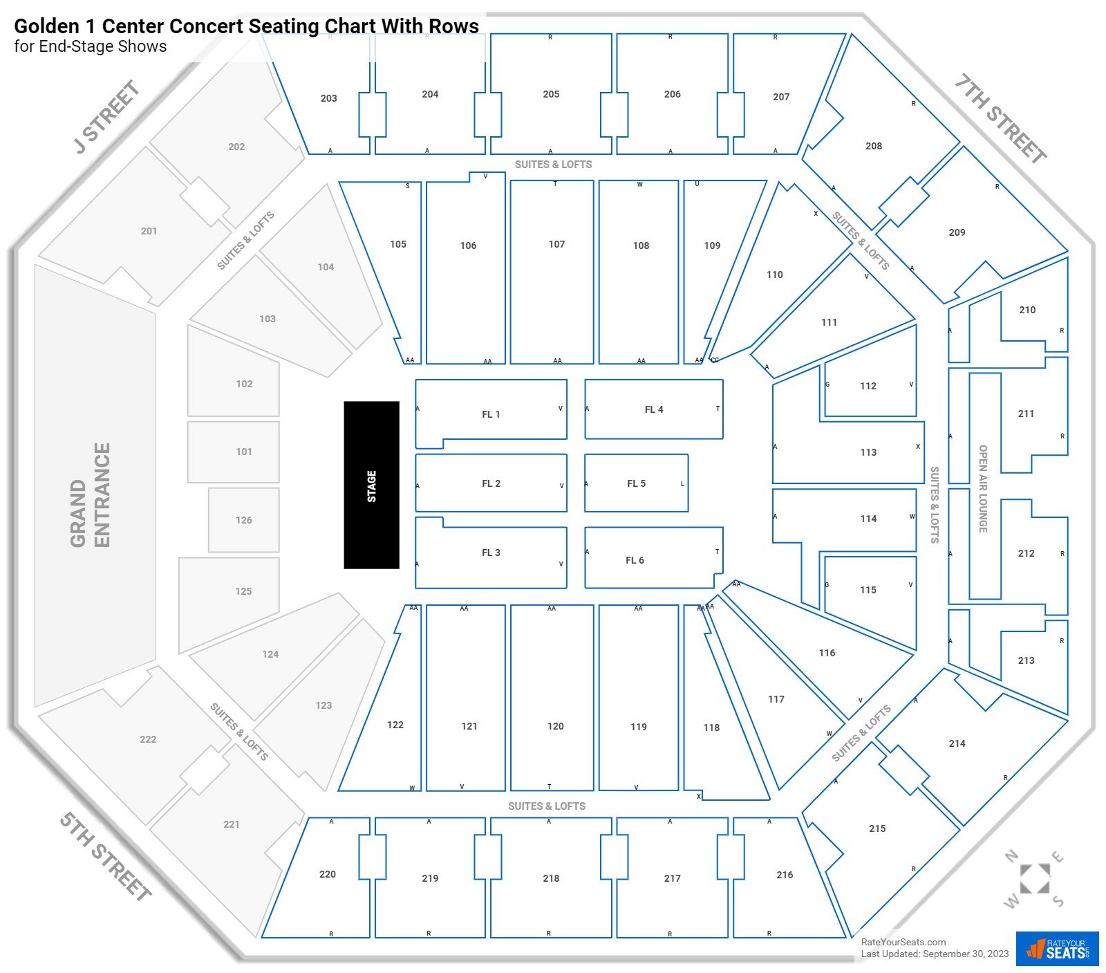 Golden 1 Center seating chart with row numbers