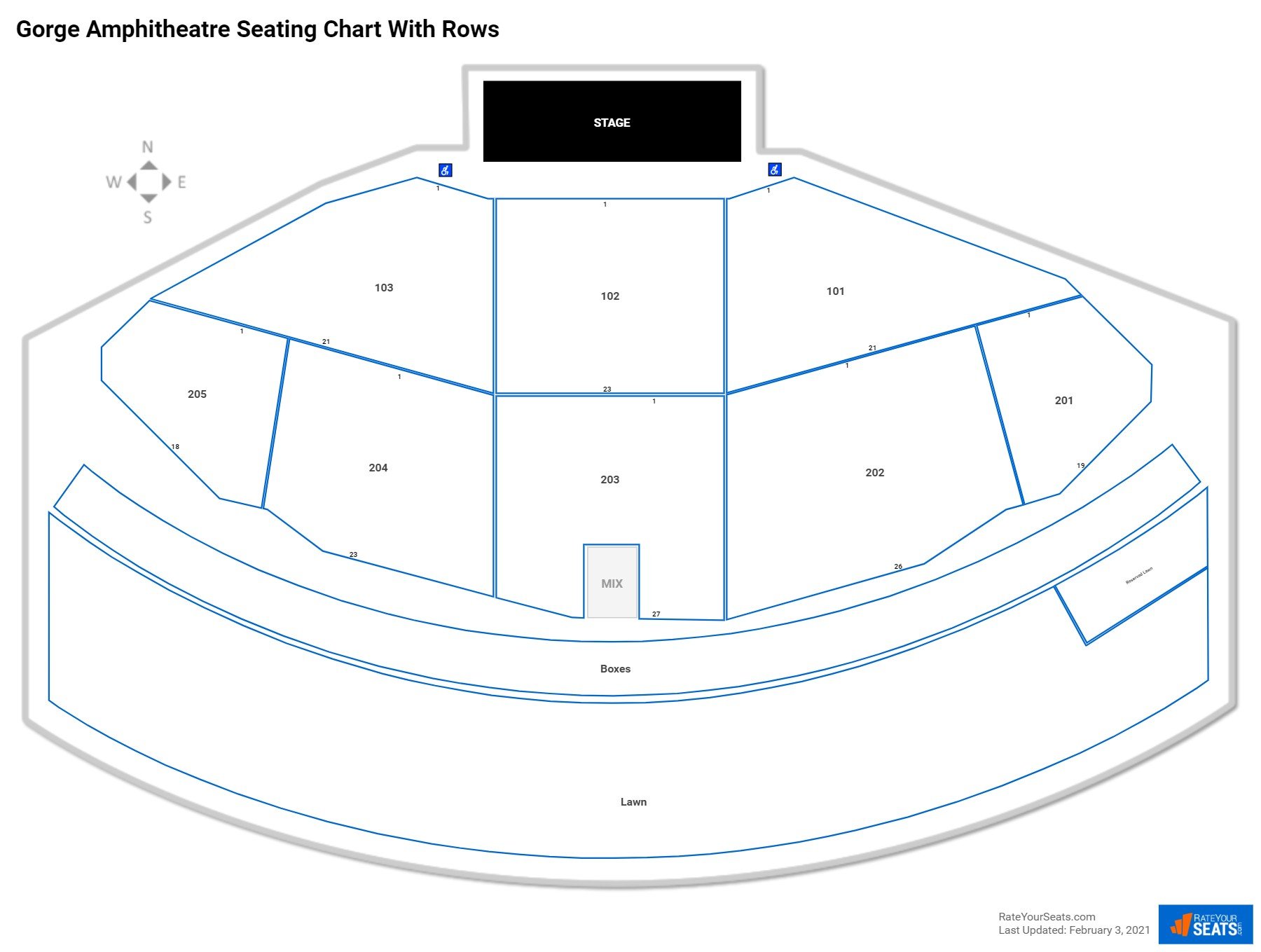 Gorge Amphitheatre seating chart with row numbers