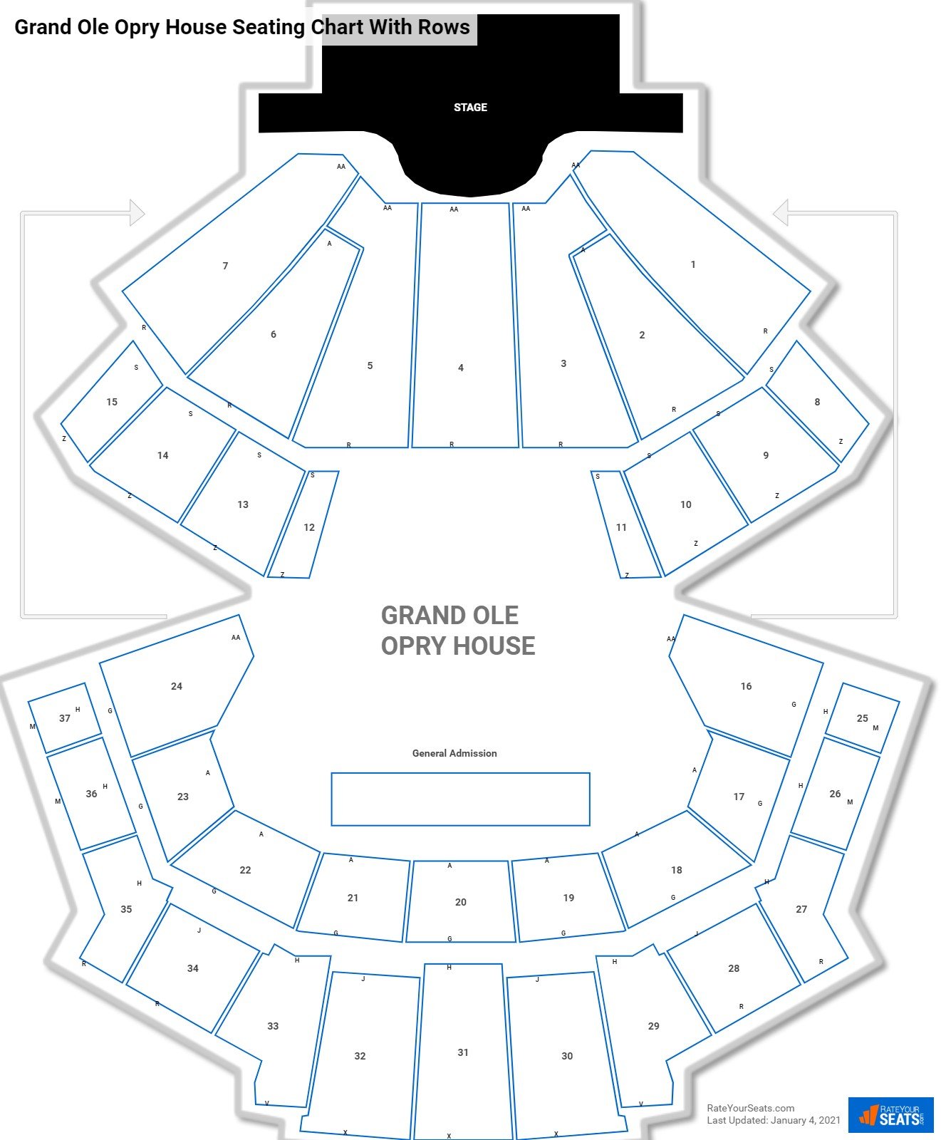 Grand Ole Opry House seating chart with row numbers