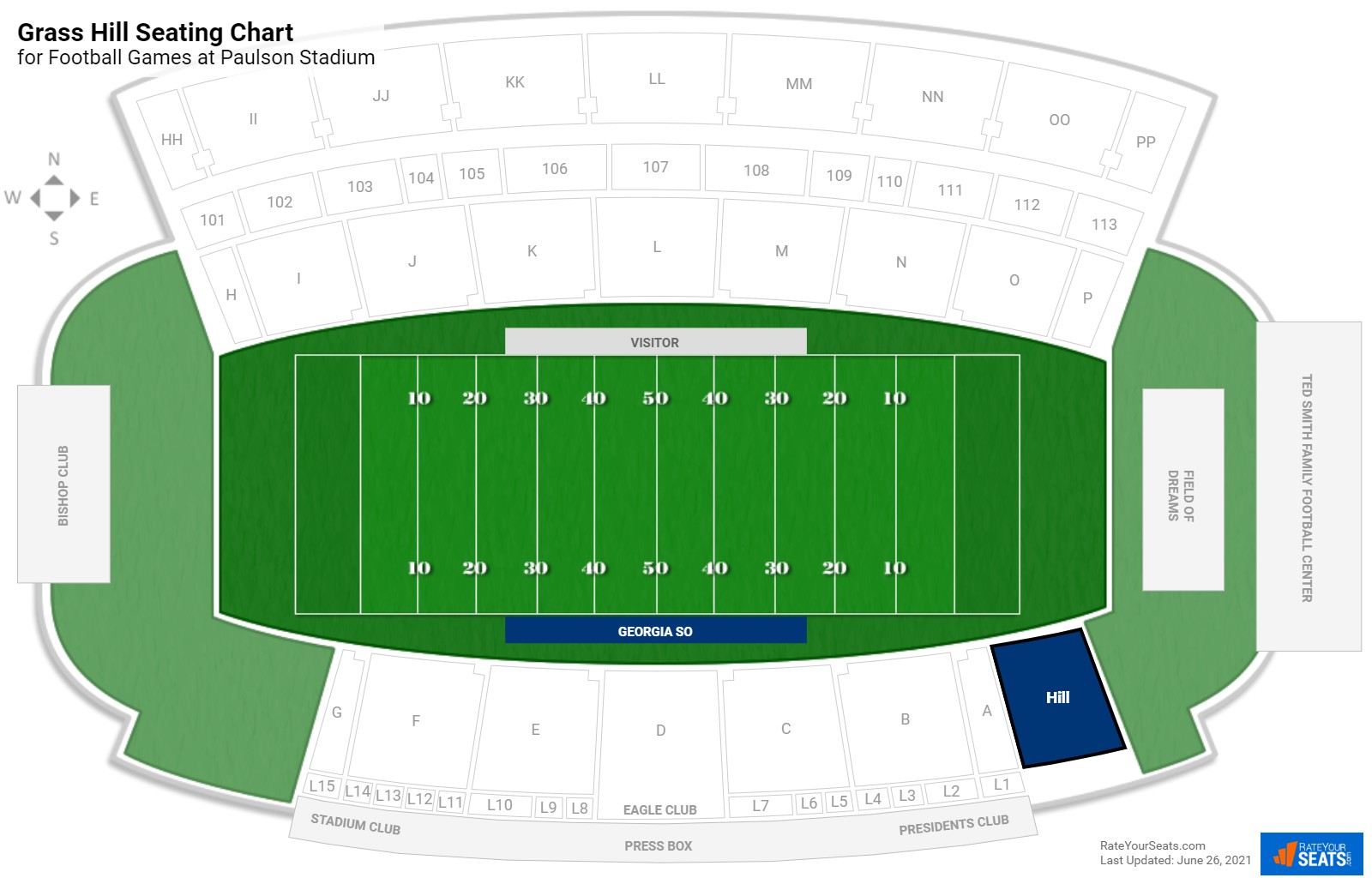 click to enlarge Football Grass Hill Seating Chart at Paulson Stadium