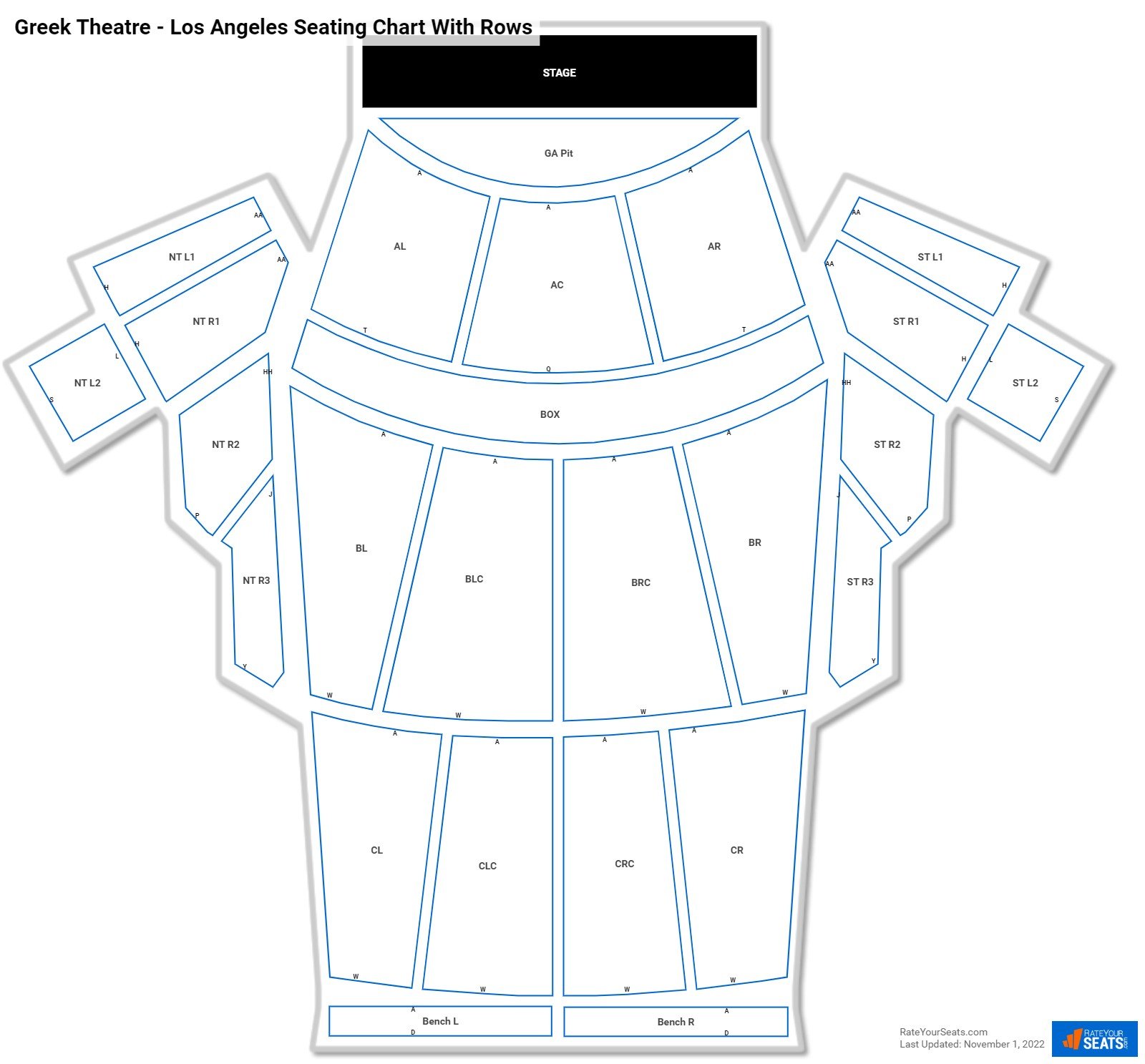 Greek Theatre - Los Angeles seating chart with row numbers