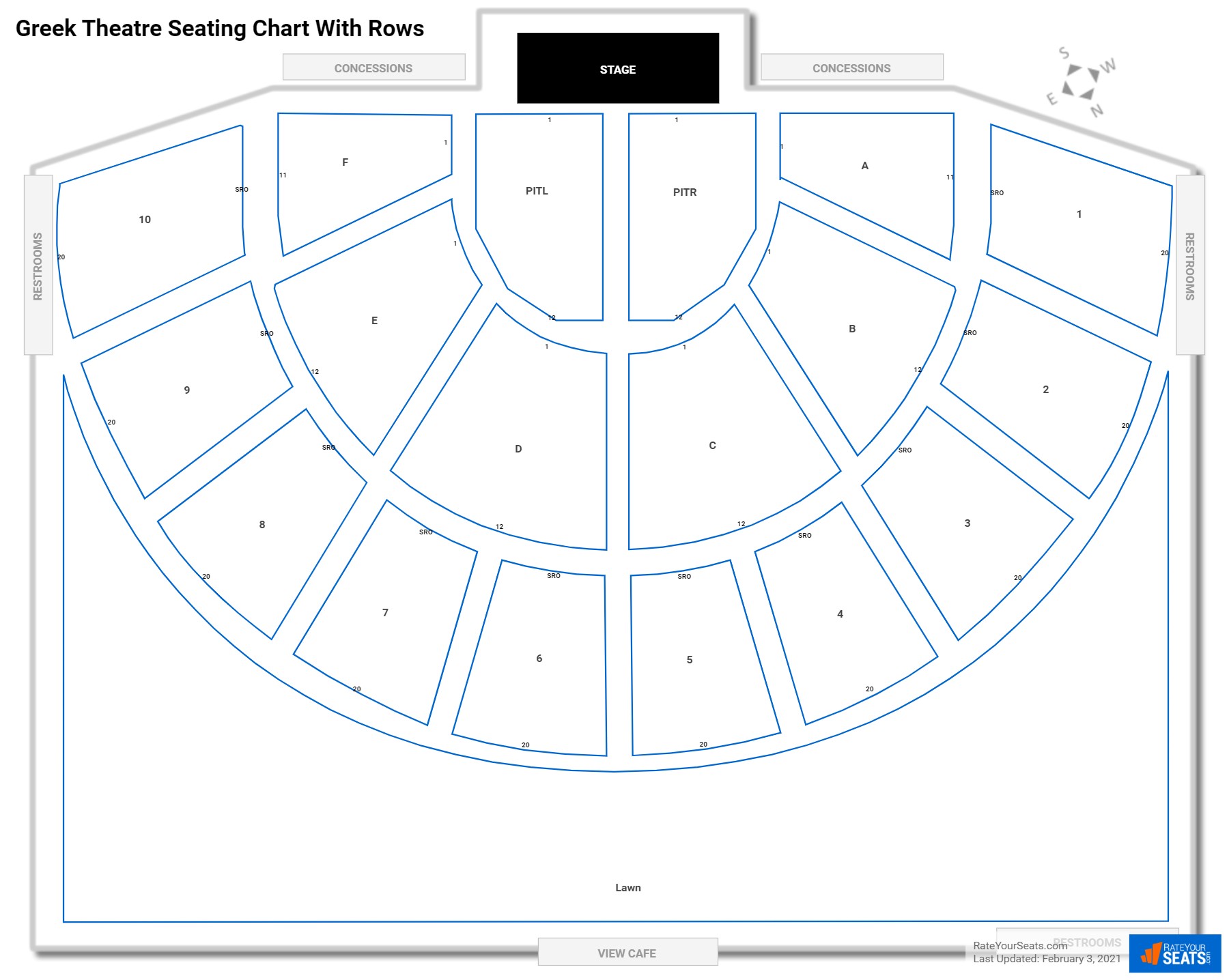 Greek Theatre - Berkeley seating chart with row numbers