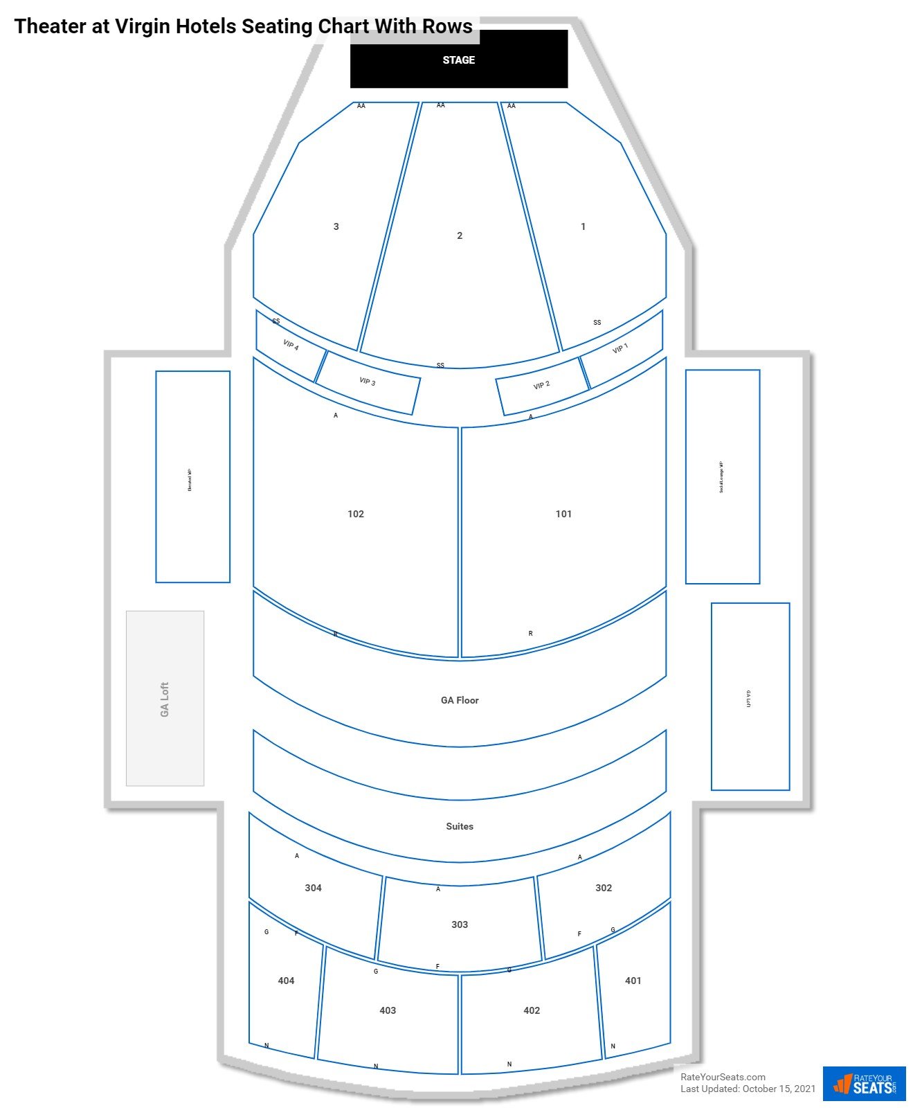 Theater at Virgin Hotels seating chart with row numbers