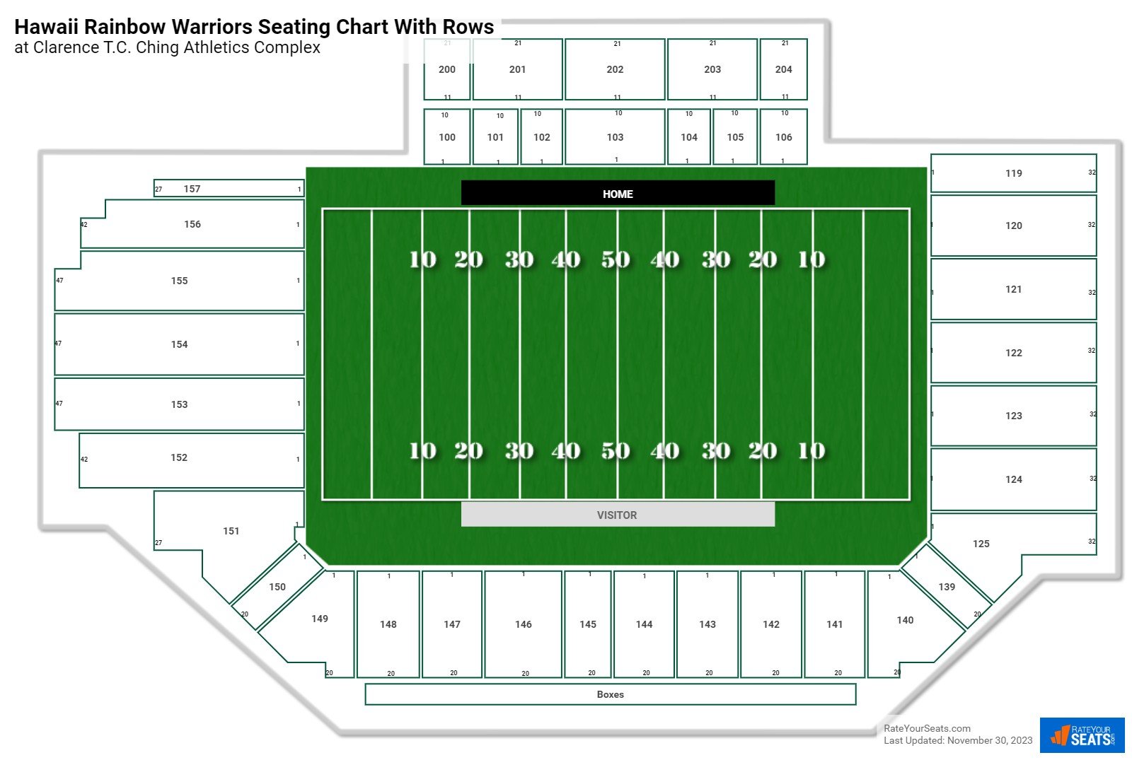 Clarence T.C. Ching Athletics Complex seating chart with row numbers