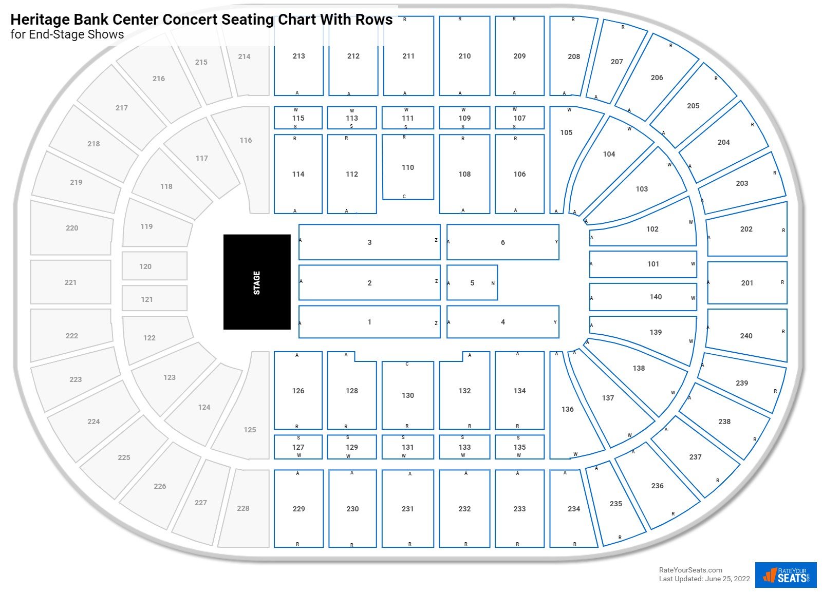 Heritage Bank Center seating chart with row numbers