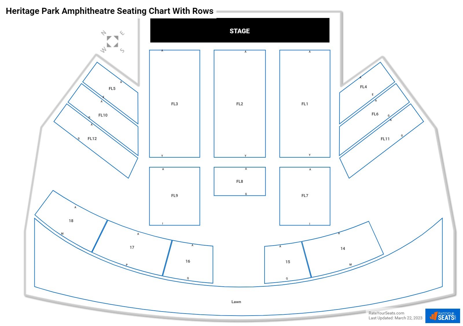 Heritage Park Amphitheatre seating chart with row numbers