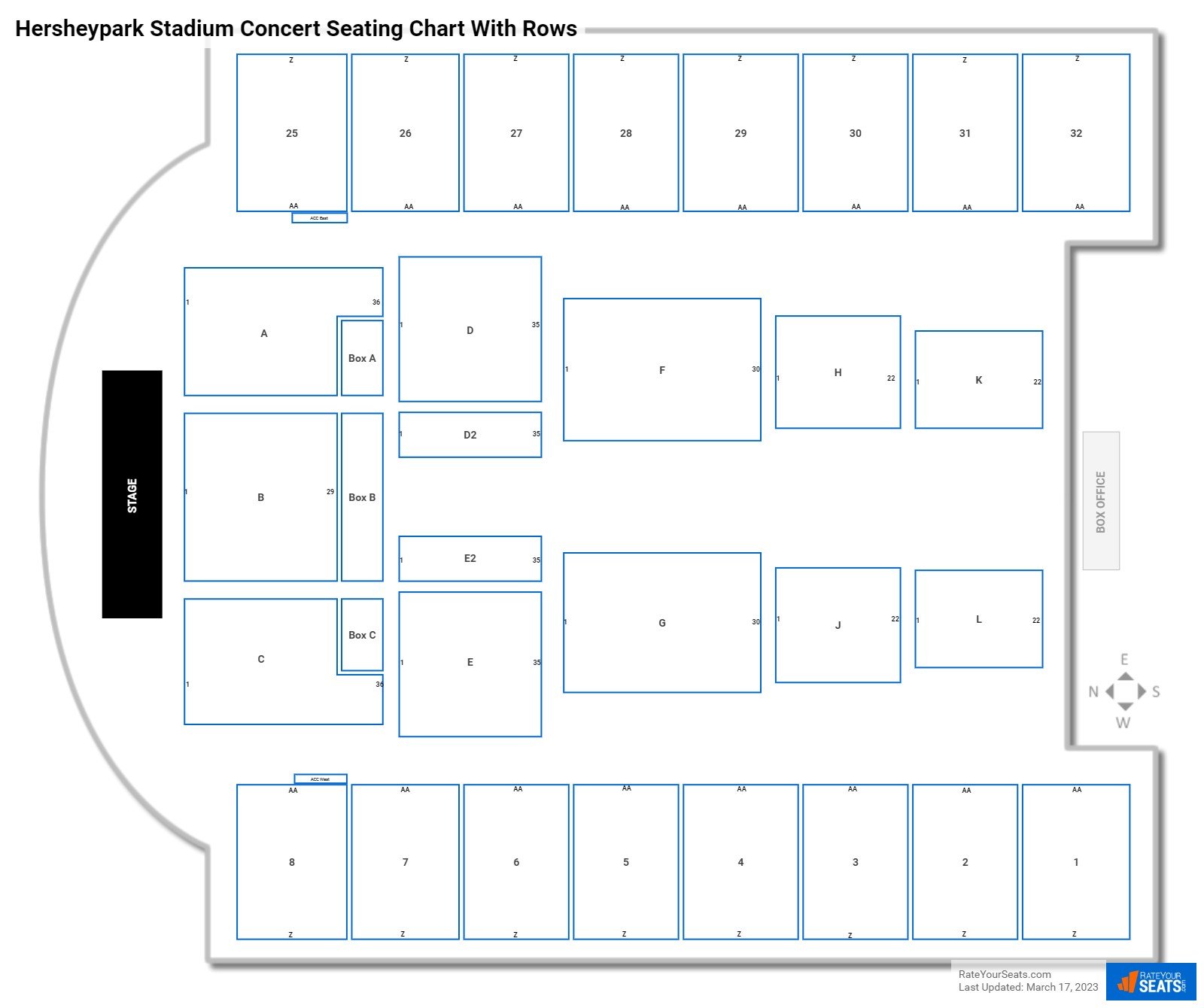 Hersheypark Stadium seating chart with row numbers